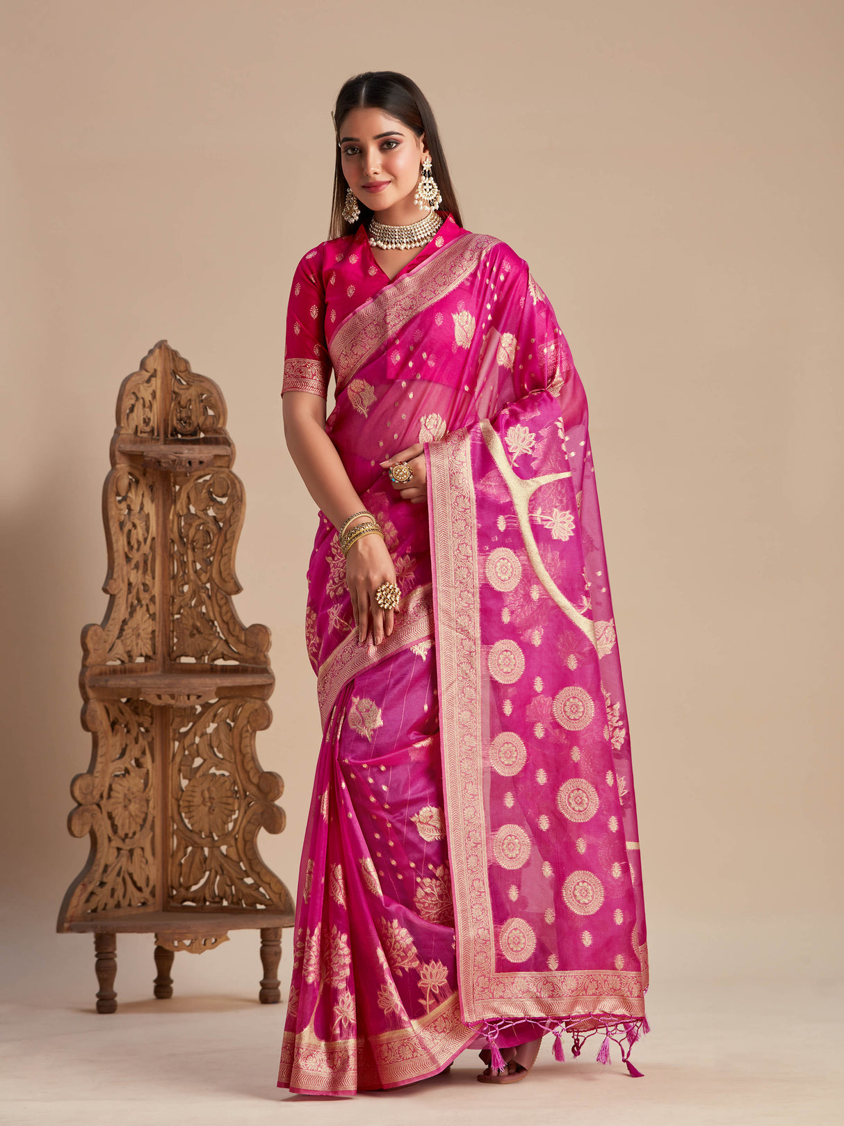 Mimosa Women's Woven Design Banarasi Organza Saree With Blouse Piece : SA00001162PNK