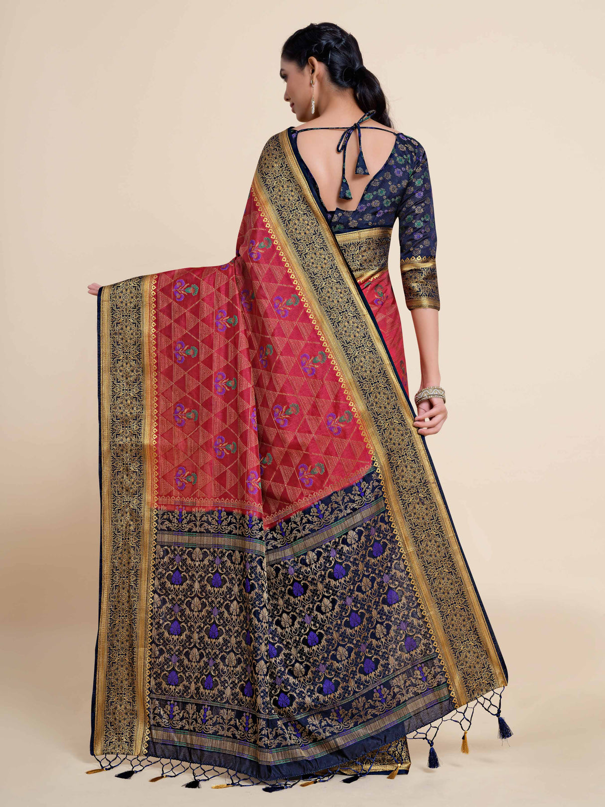 Mimosa Womens Art Silk Saree Kanjivaram style Strawberry Color