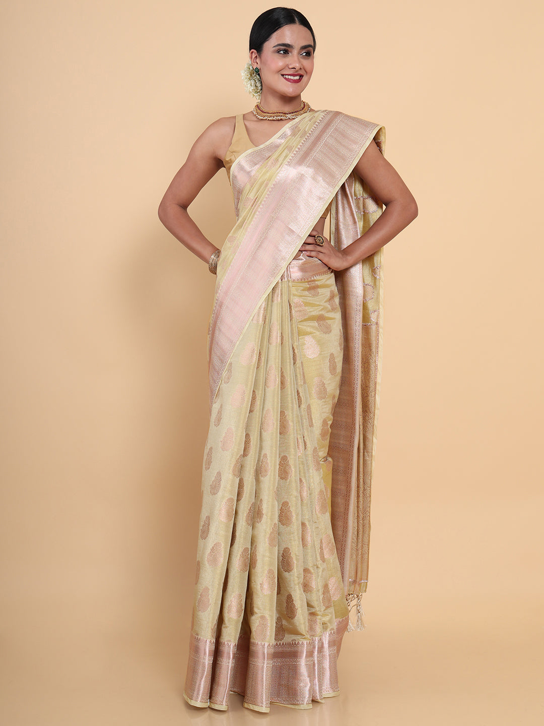 Mimosa Womens Art Silk Saree Kasavu Cream Color