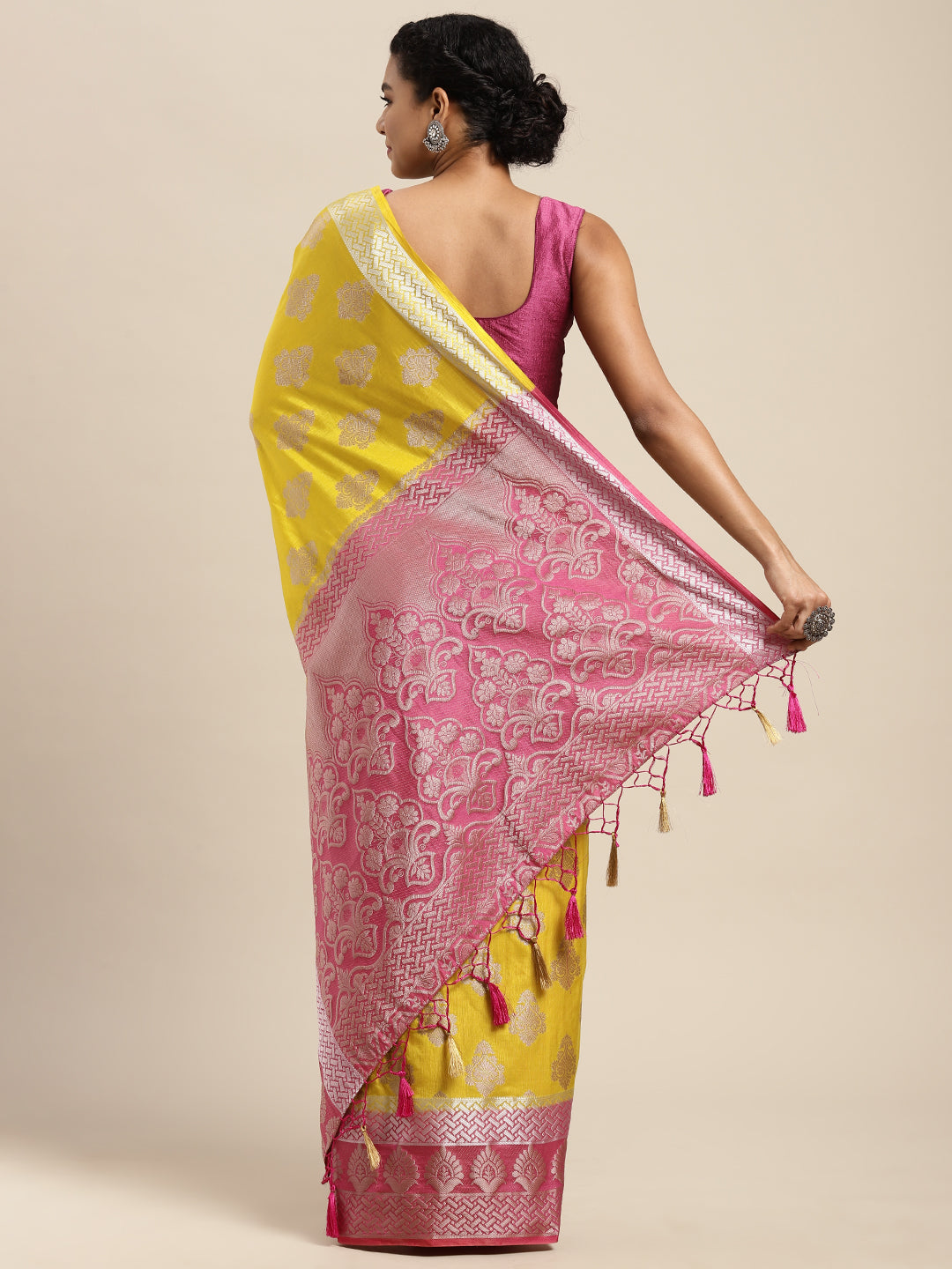 Mimosa Womens Art Silk Saree Kanjivaram Yellow Color