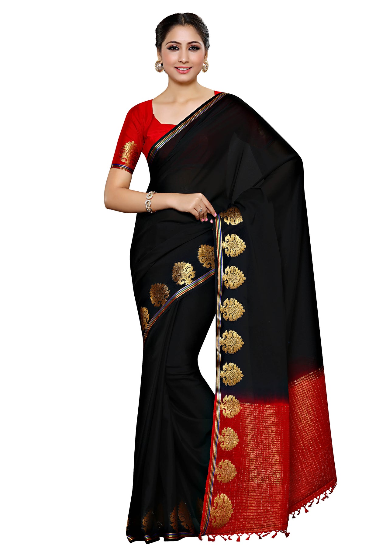 Mimosa Womens Crepe Saree Mysore Silk style Black Color