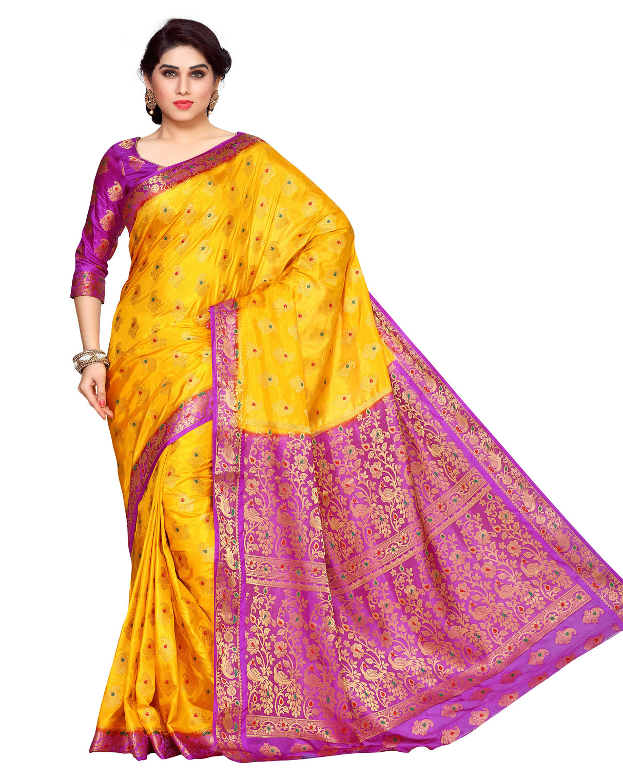 Mimosa Womens Art Silk Saree Kanjivaram Gold Color