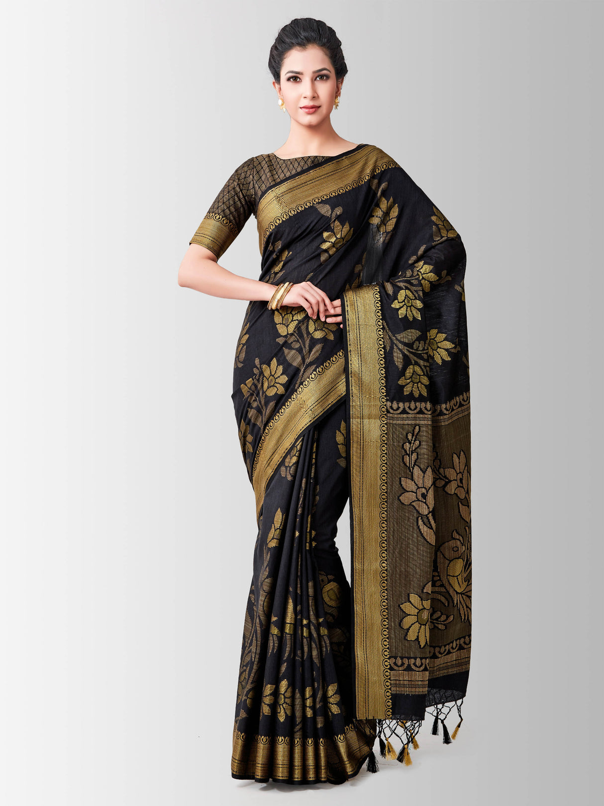 Mimosa Womens Art Silk Saree Kanjivaram Black Color