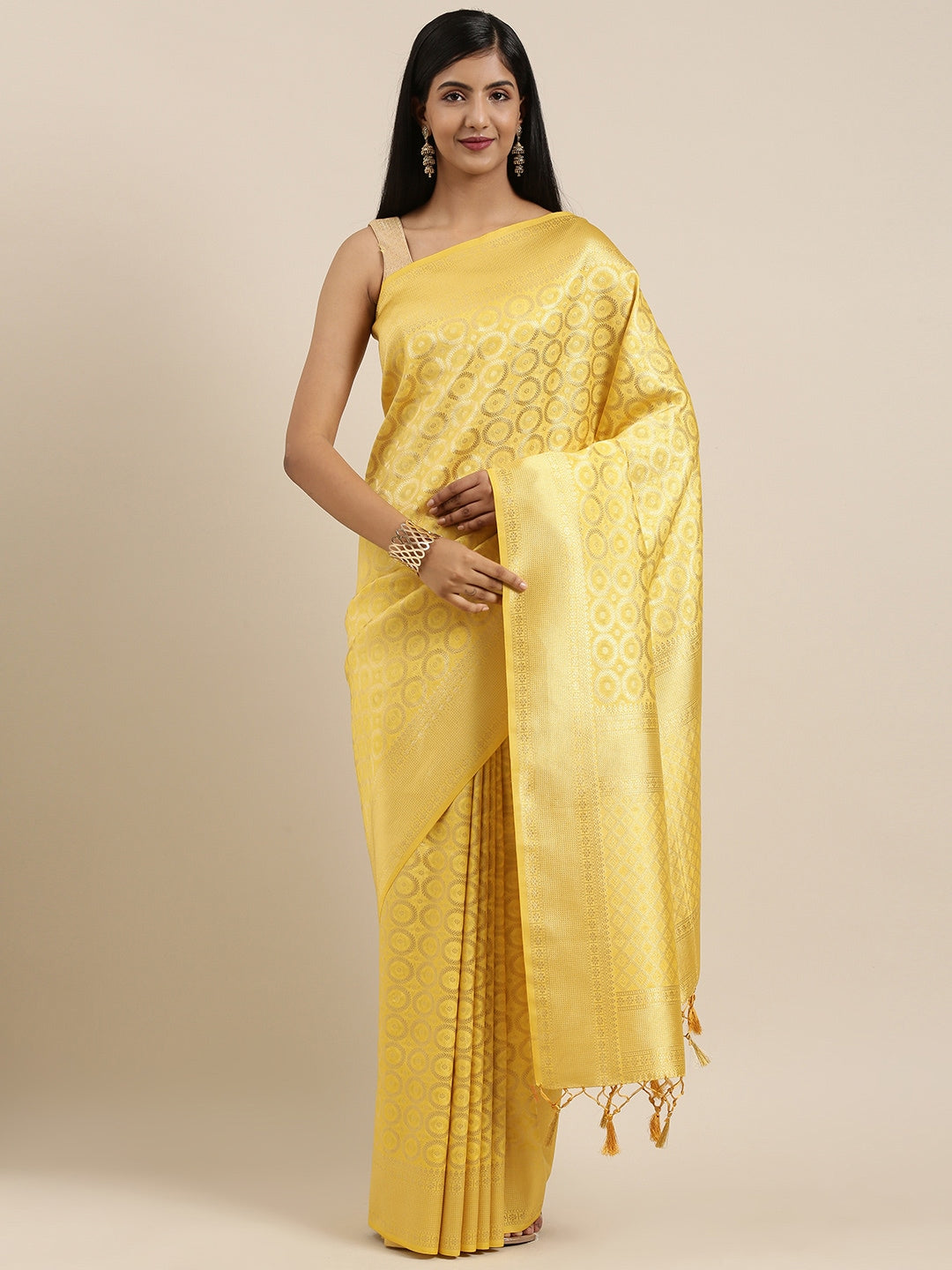 Mimosa Womens Art Silk Saree Kanjivaram Yellow Color