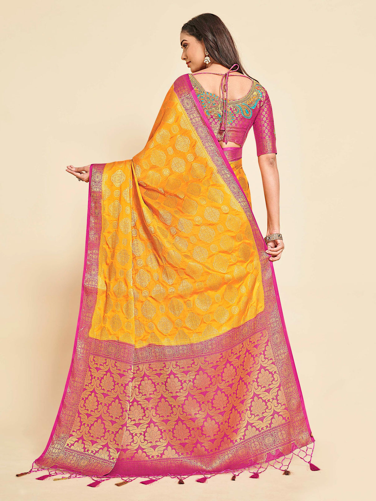 Mimosa Womens Crepe Saree Mysore Silk Gold Color