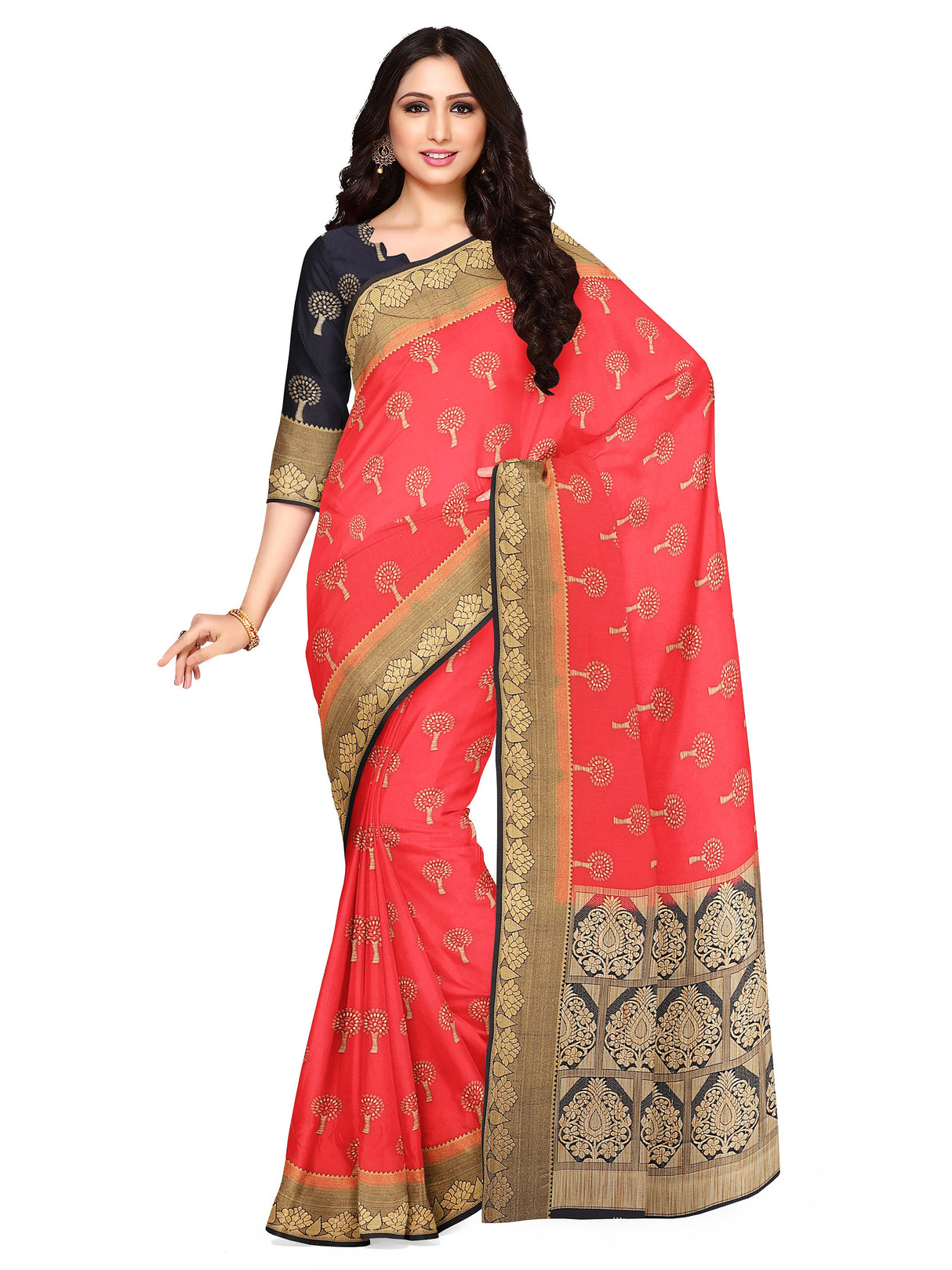 Mimosa Womens Art Silk Saree Kanjivaram Strawberry Color