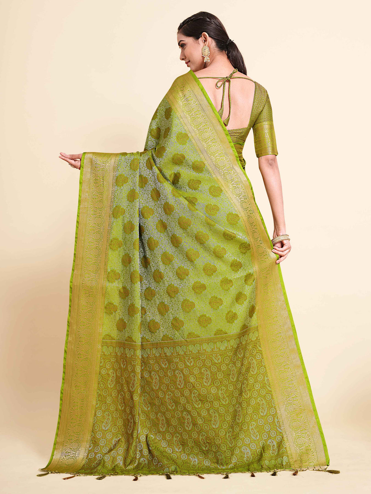 Mimosa Womens Art Silk Saree Kanjivaram Olive Color