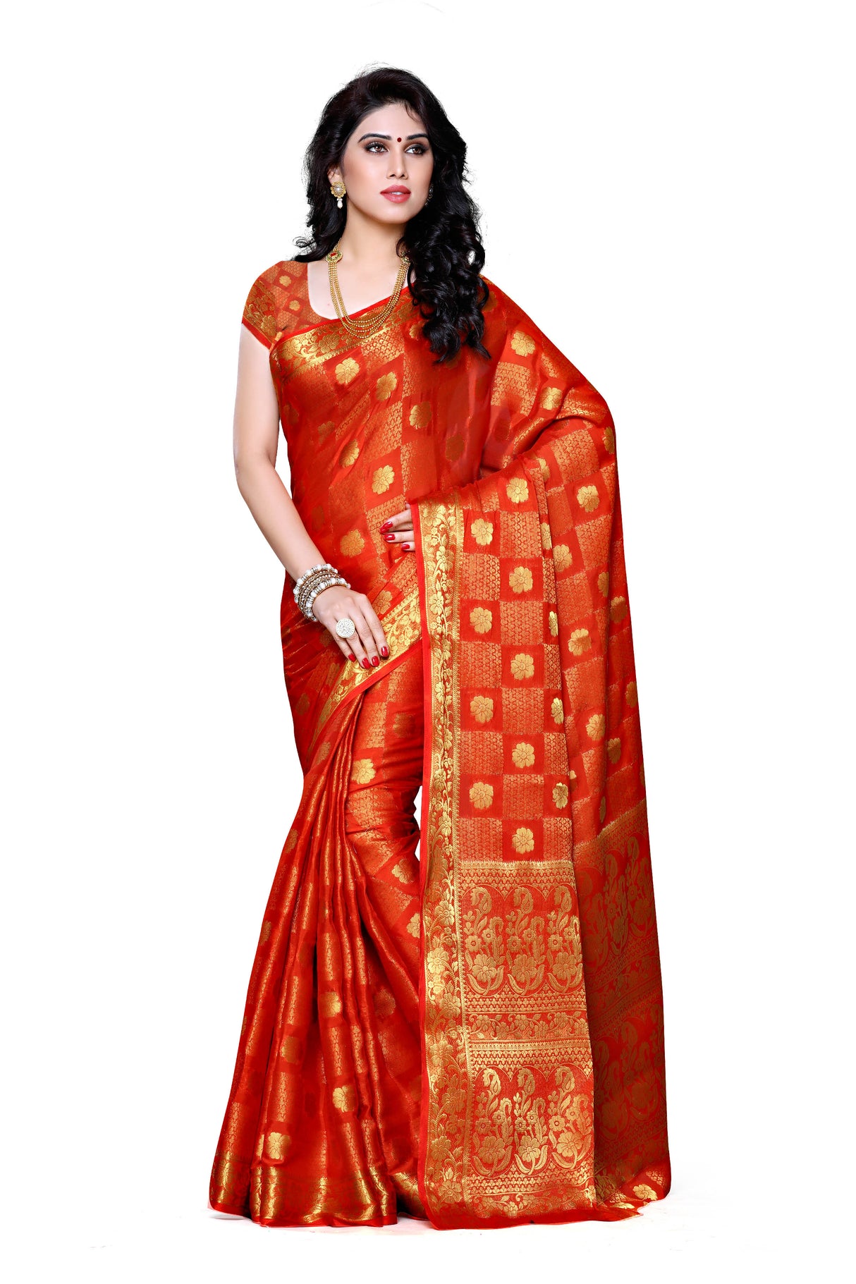 Mimosa Womens Chiffon Saree Kanjivaram Orange Color