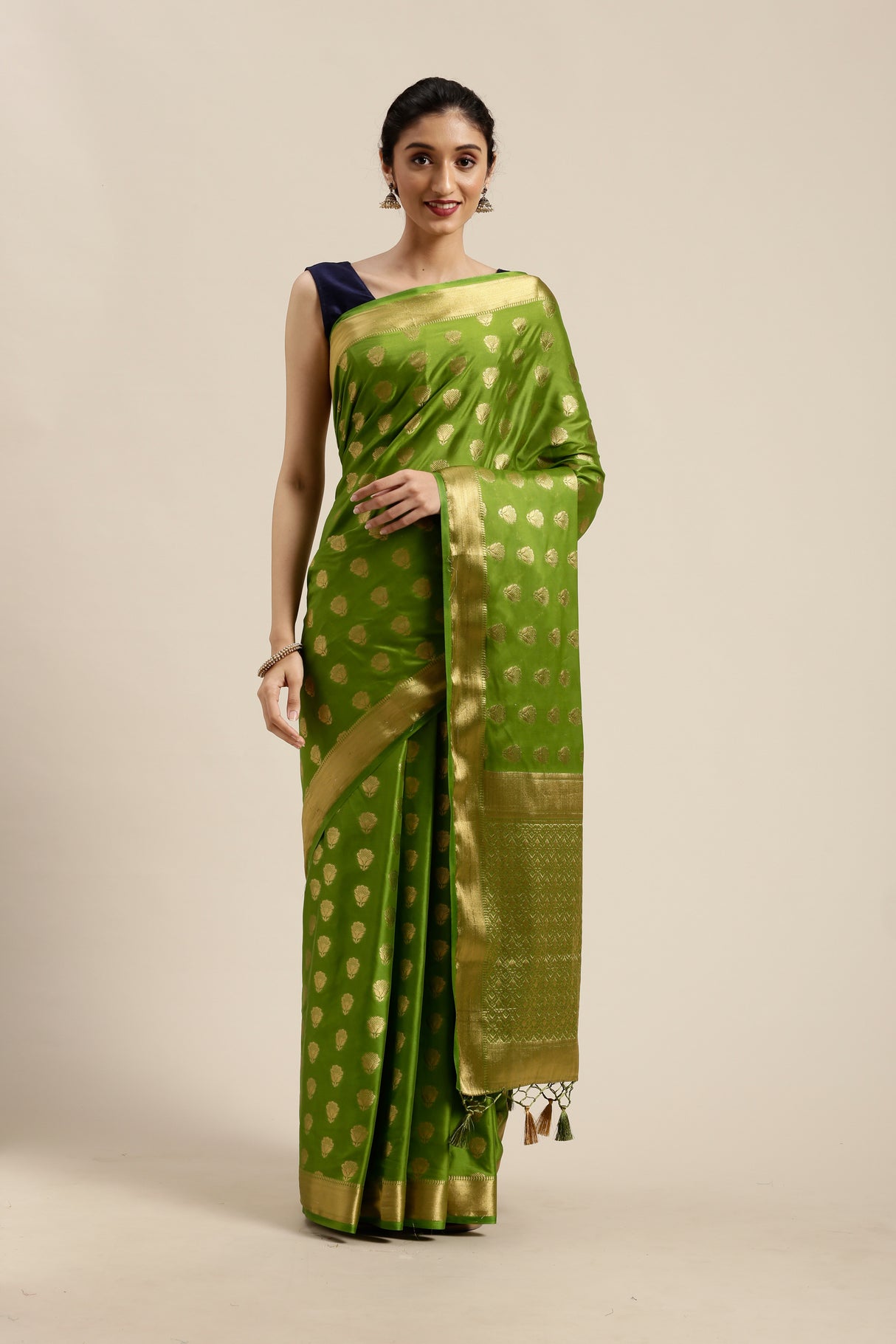 Mimosa Womens Crepe Saree Mysore Silk Olive Color