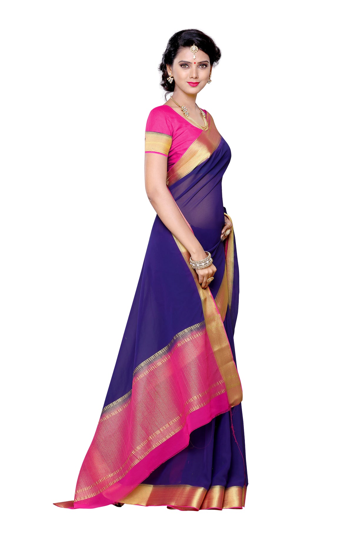 Mimosa Womens Chiffon Saree Kanjivaram style Navy Blue Color