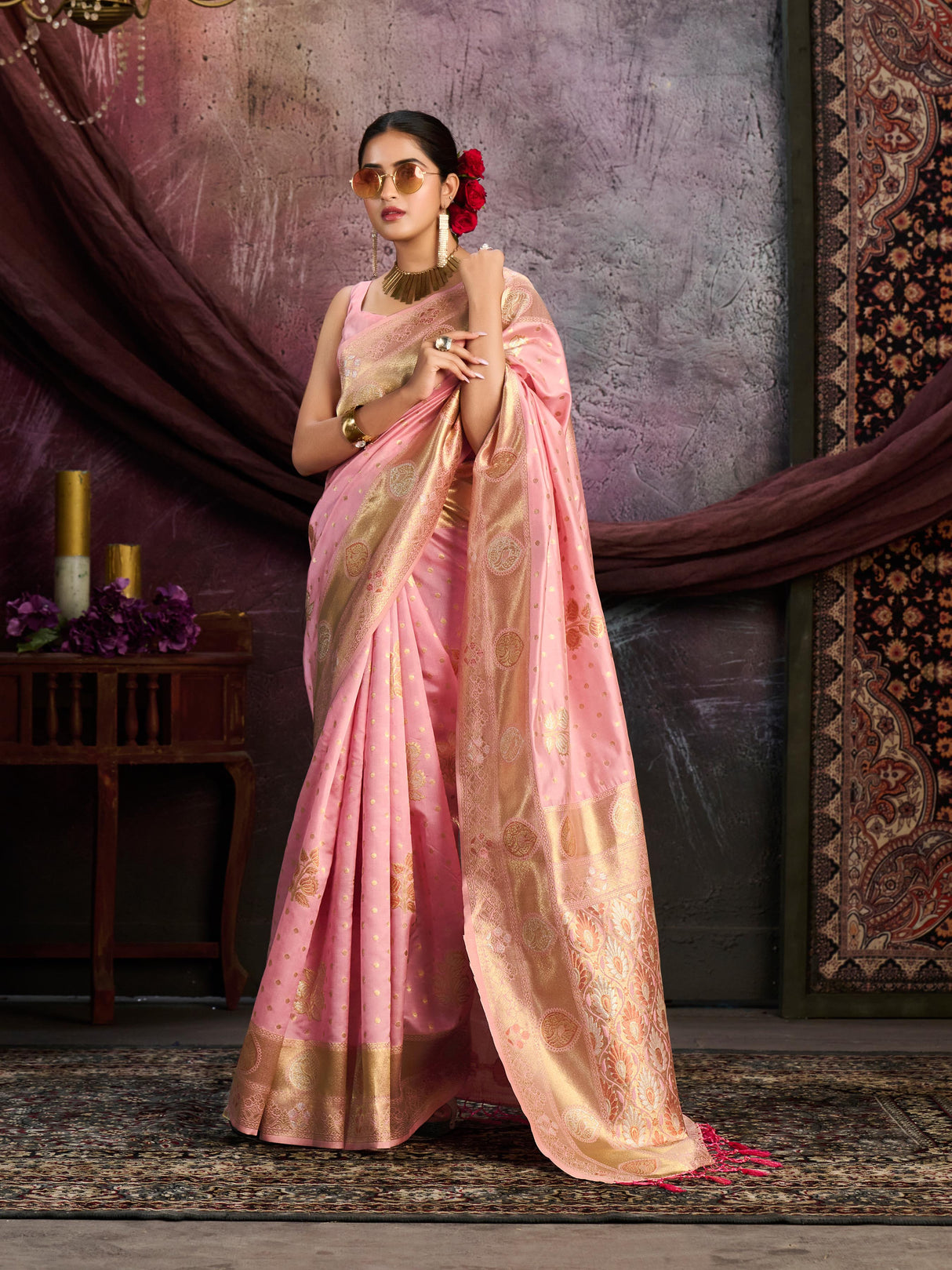 Mimosa Women's Woven Design Kanjivaram Art Silk Saree With Blouse Piece : SA0000905PNK