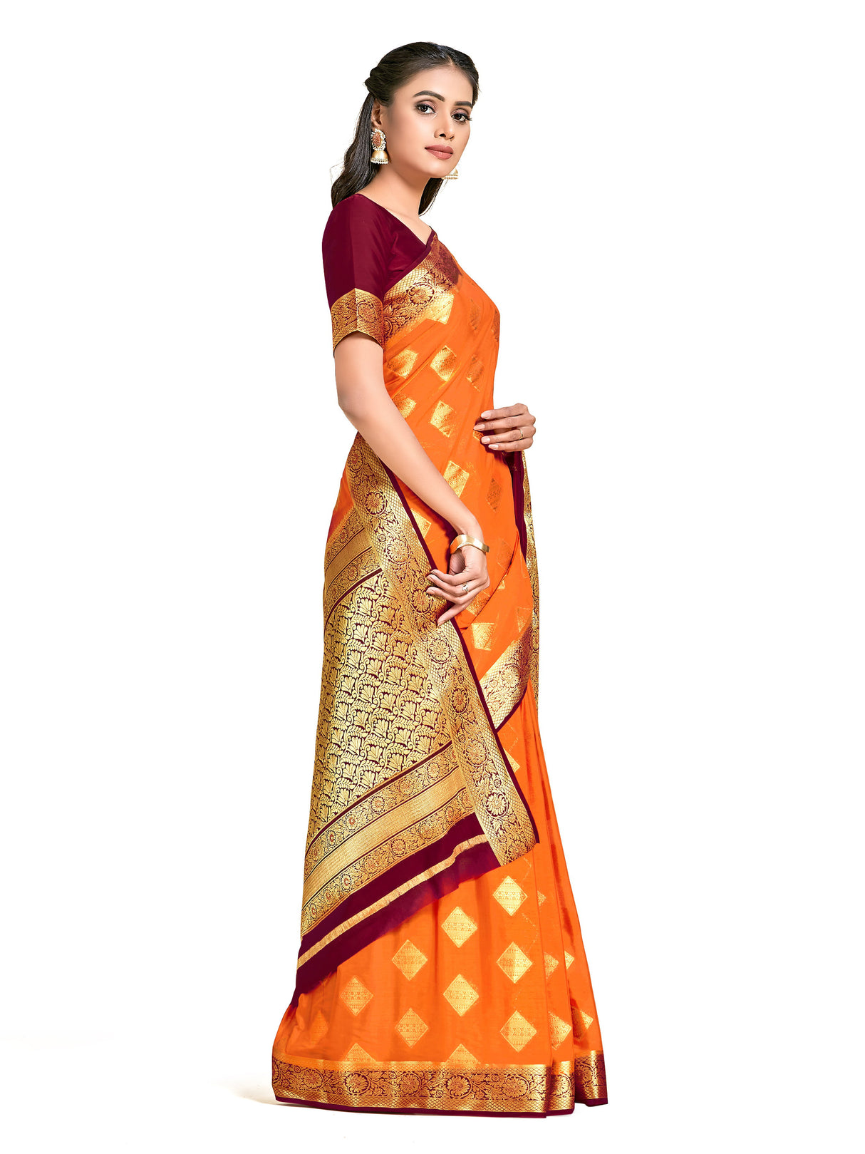 Mimosa Womens Crepe Saree Mysore Silk Orange Color