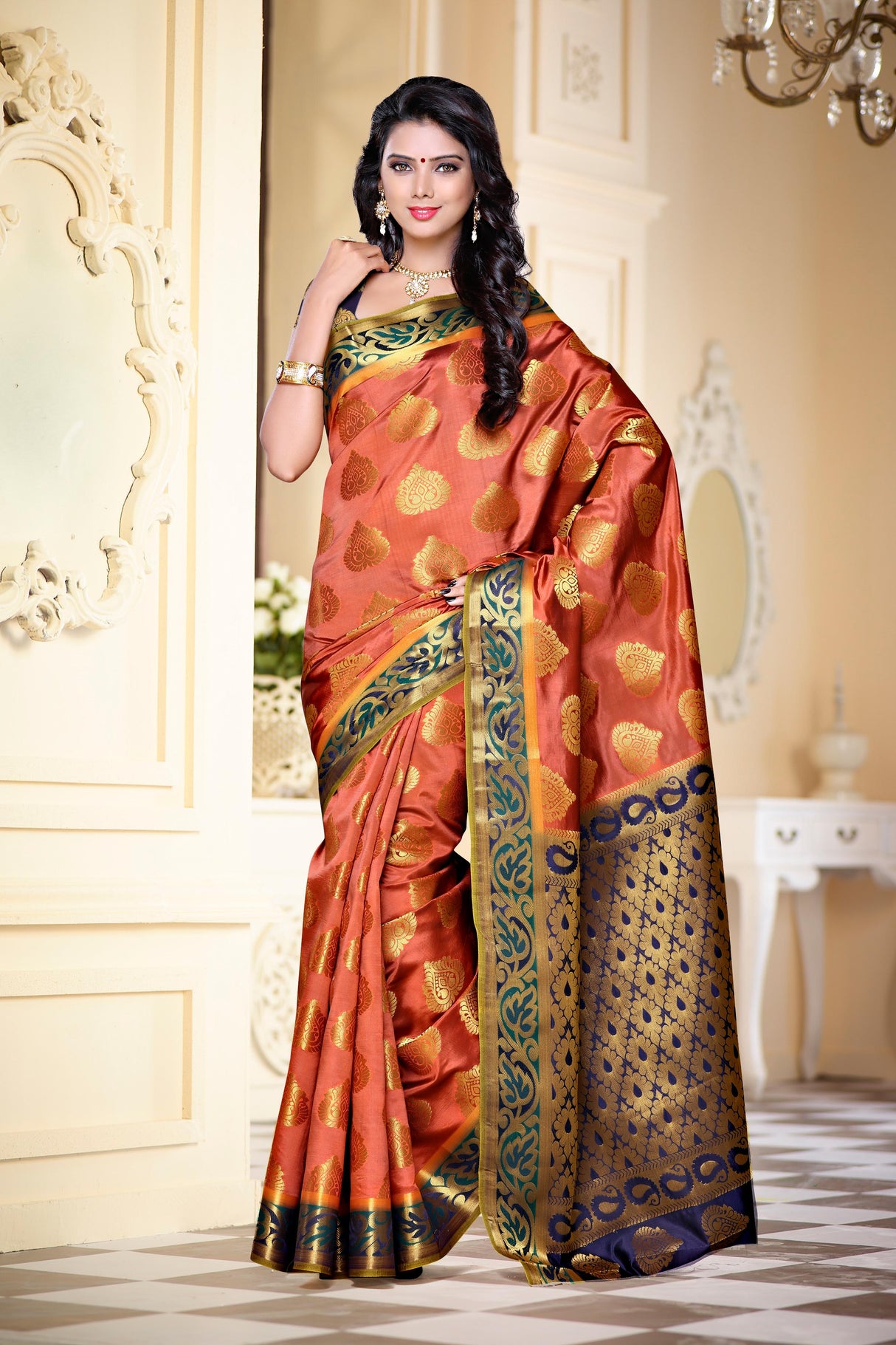Mimosa Womens Art Silk Saree Kanjivaram Peach Color