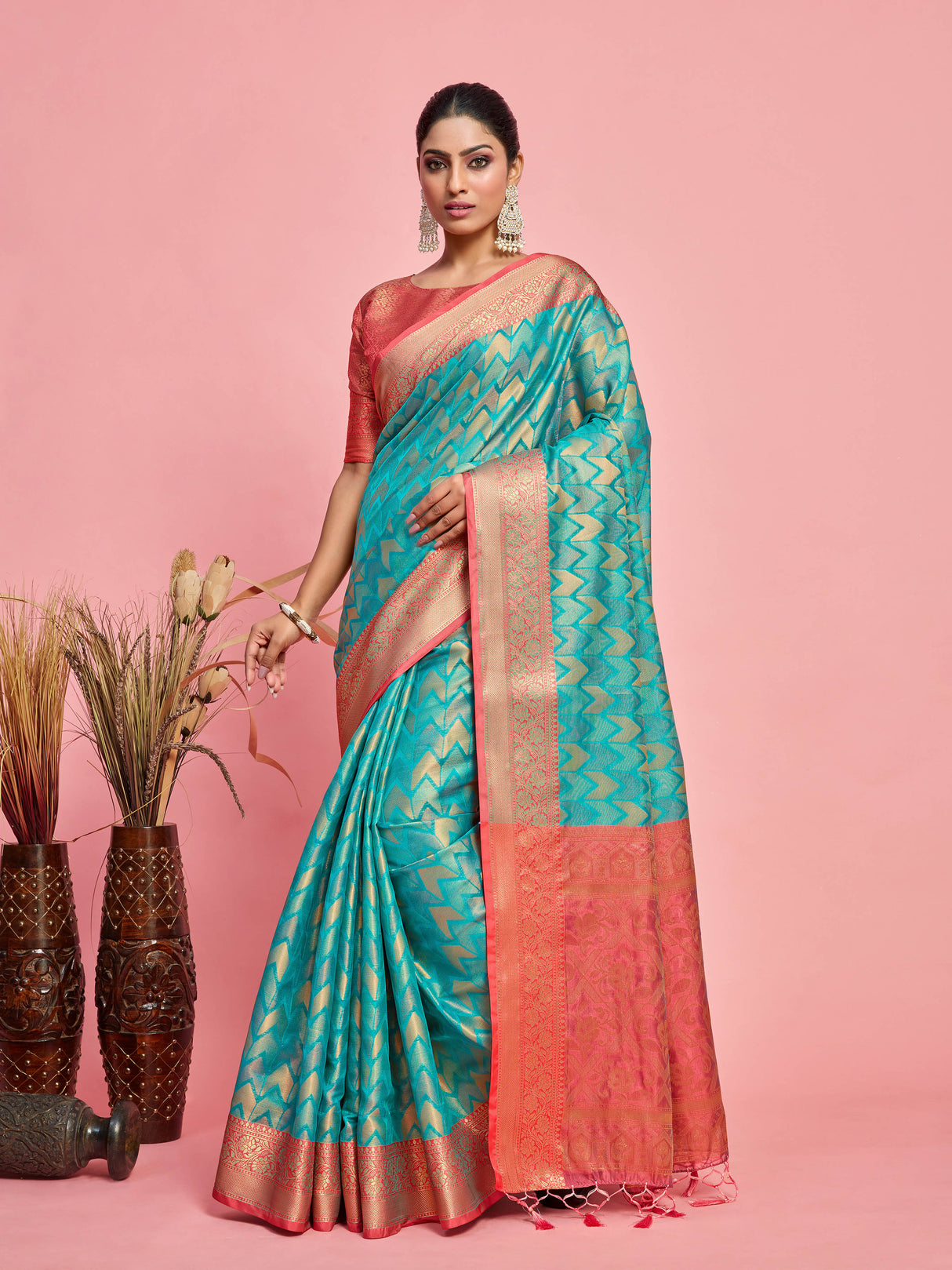 Mimosa Women's Woven Design Kanjivaram Art Silk Saree With Blouse Piece : SA00001227SFFREE
