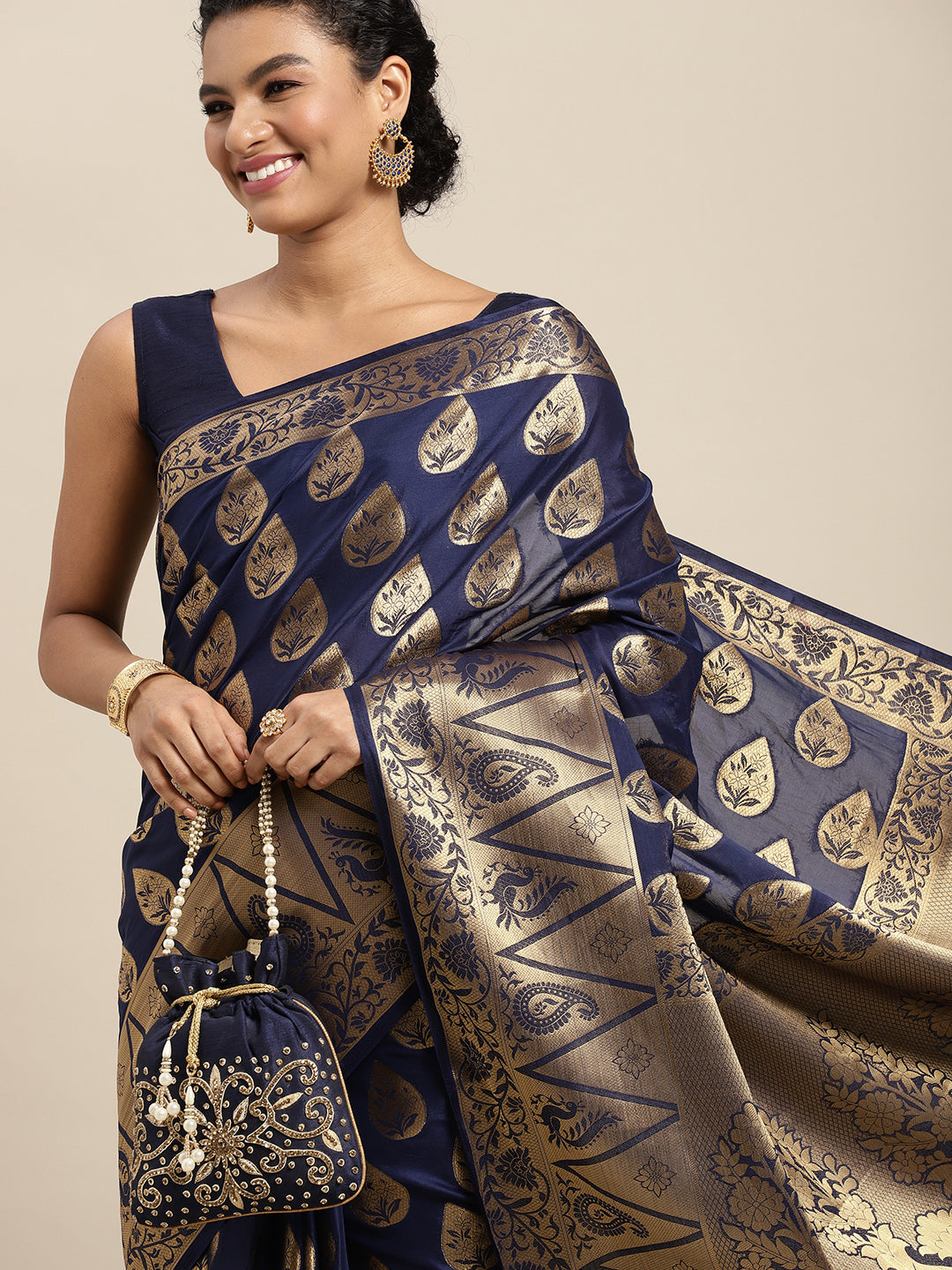 Mimosa Womens Crepe Saree Mysore Silk Navy Blue Color