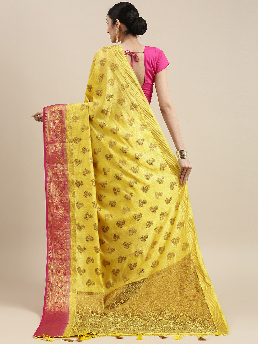 Mimosa Womens Art Silk Saree Kanjivaram Yellow Color