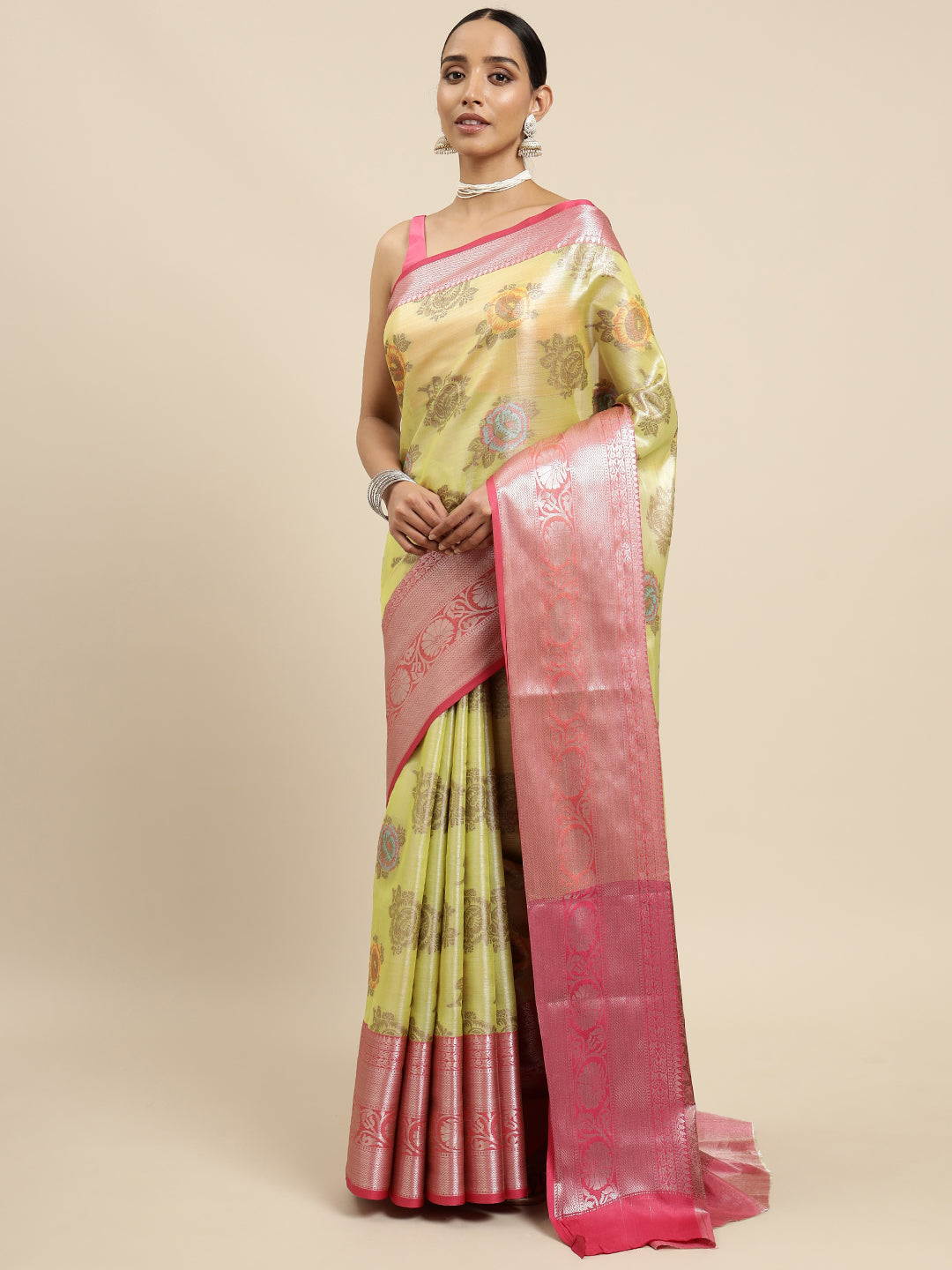 Mimosa Womens Art Silk Saree Kanjivaram Yellow Color