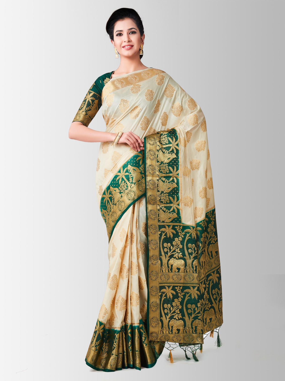 Mimosa Womens Art Silk Saree Kanjivaram Halfwhite Color