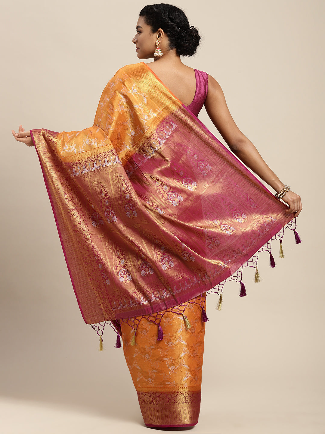 Mimosa Womens Art Silk Saree Kanjivaram Orange Color