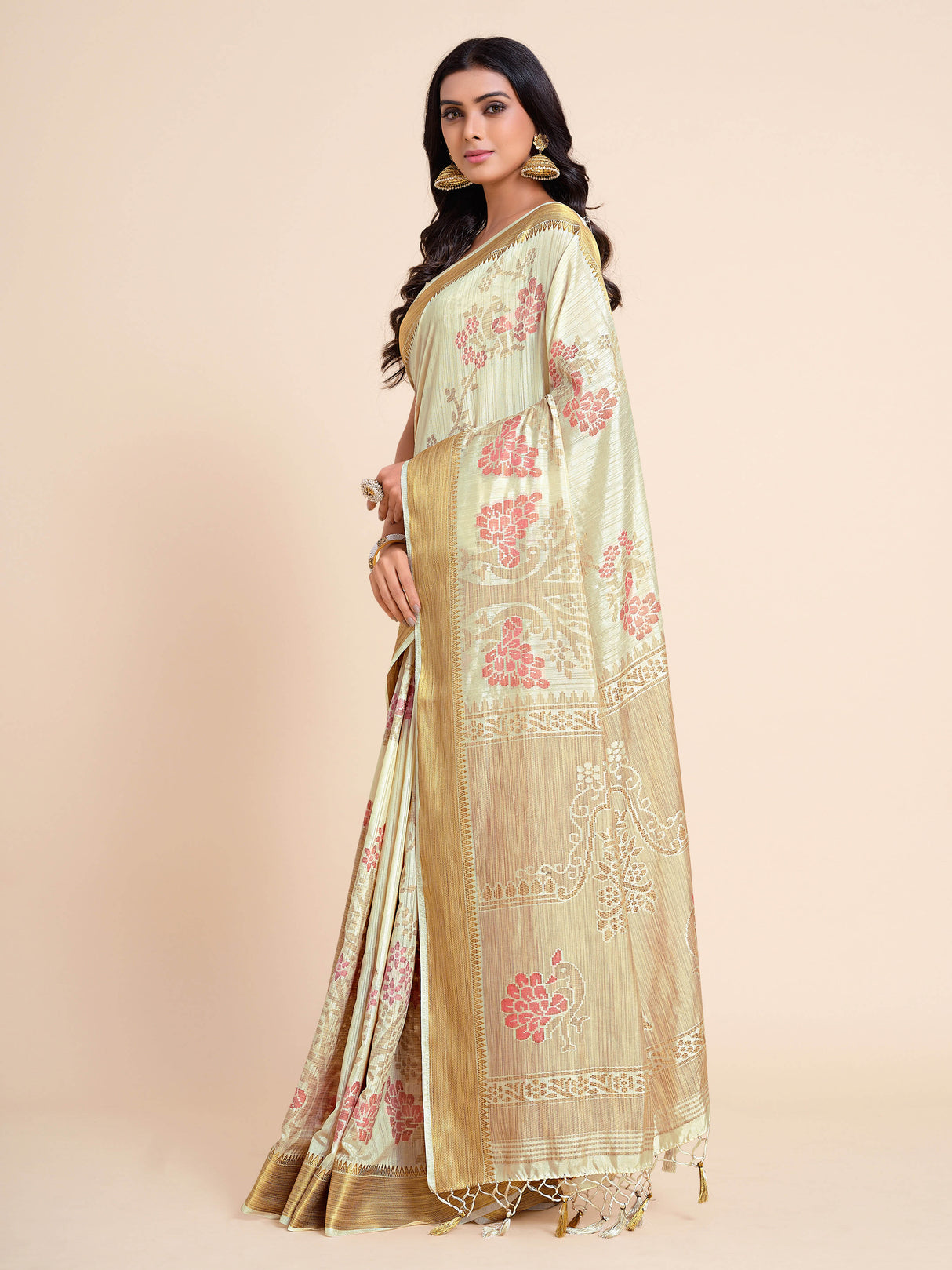 Mimosa Womens Art Silk Saree Kanjivaram style Cream Color