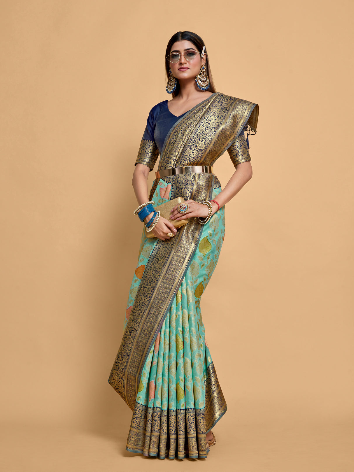 Mimosa Women's Woven Design Kanjivaram Linen Saree With Blouse Piece : SA00001236SFFREE