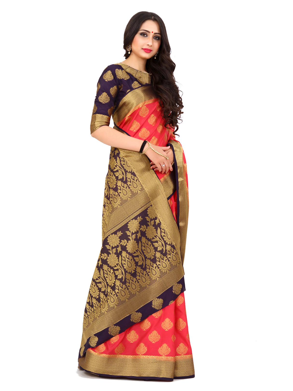 Mimosa Womens Art Silk Saree Kanjivaram Strawberry Color