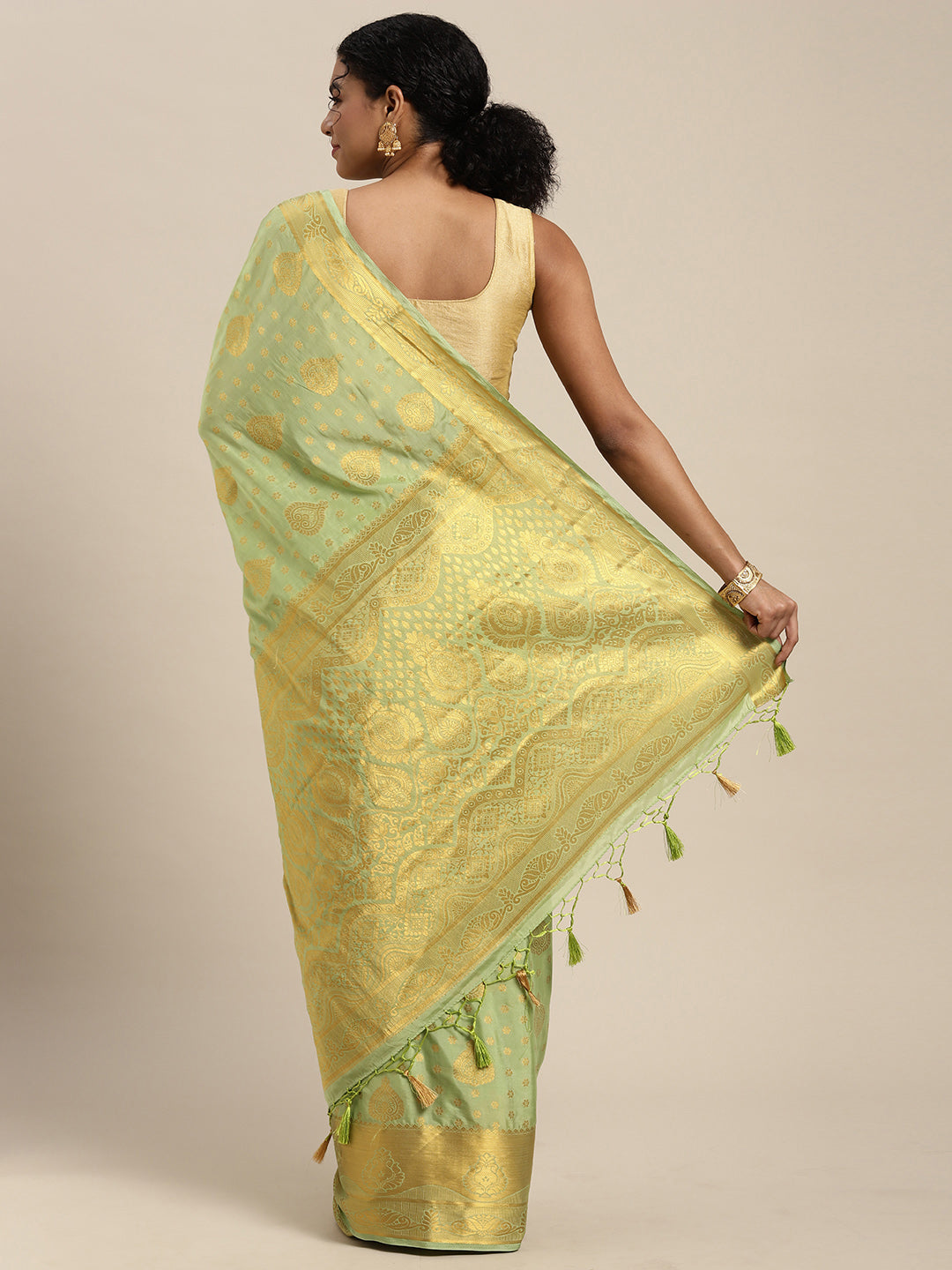 Mimosa Womens Crepe Saree Mysore Silk Pista Color