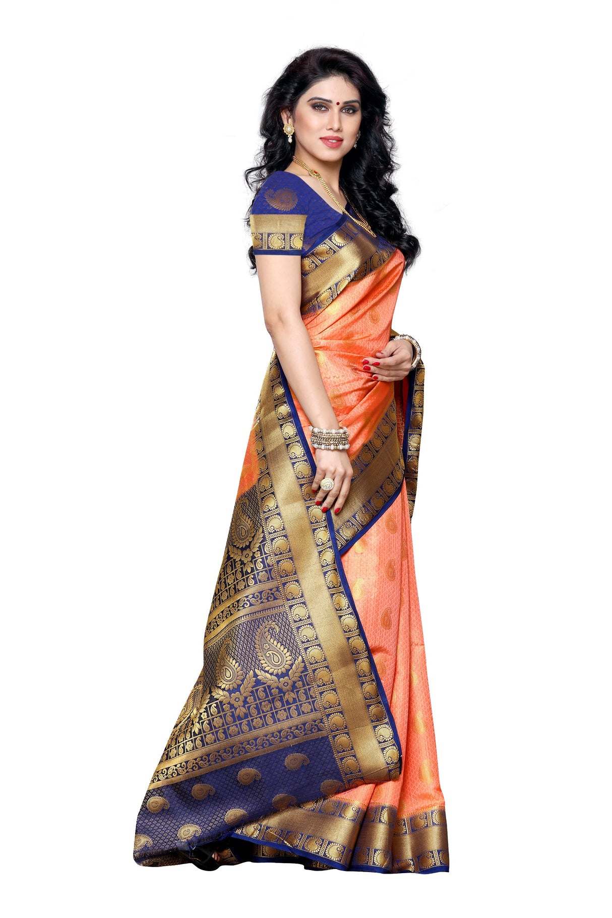 Mimosa Womens Art Silk Saree Kanjivaram Peach Color