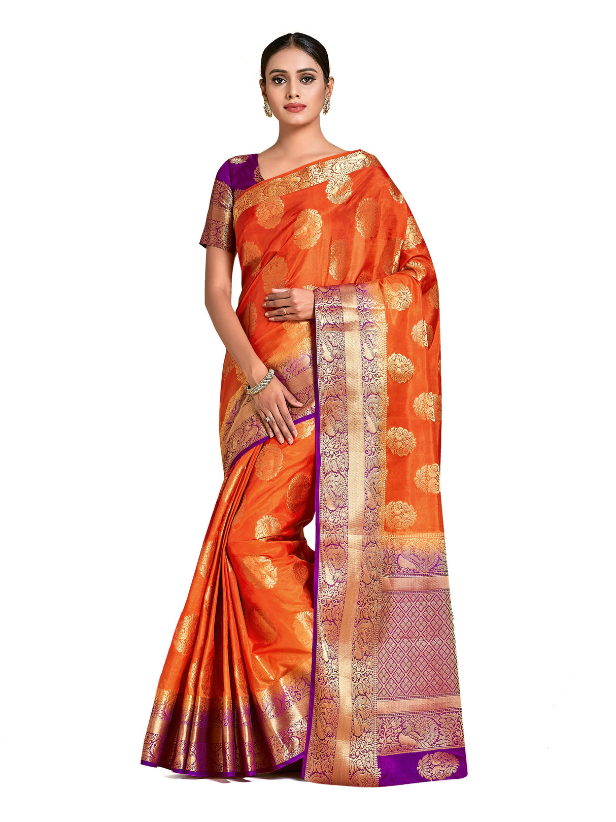 Mimosa Womens Art Silk Saree Kanjivaram Orange Color
