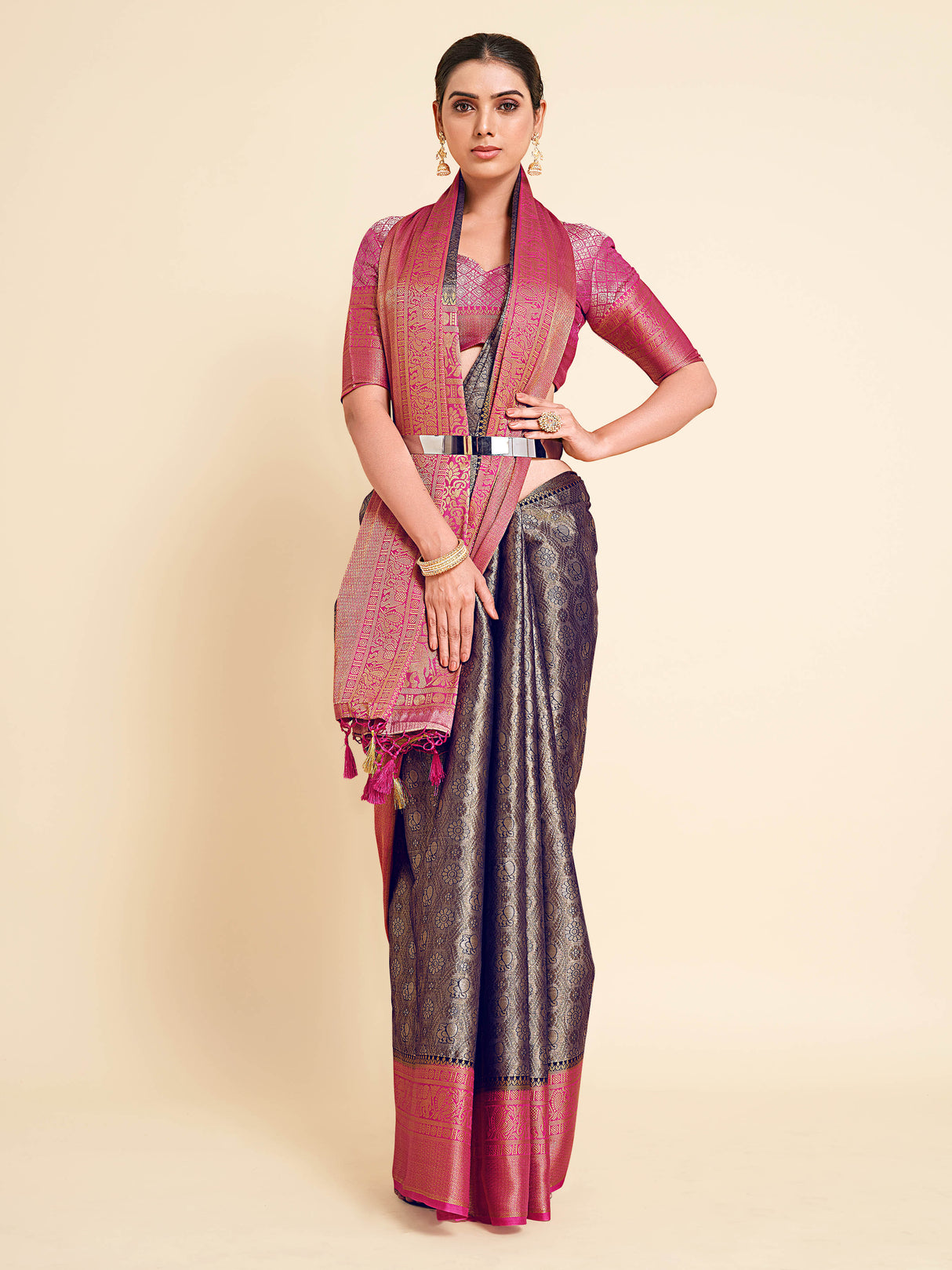 Mimosa Womens Art Silk Saree Kanjivaram Navy Blue Color