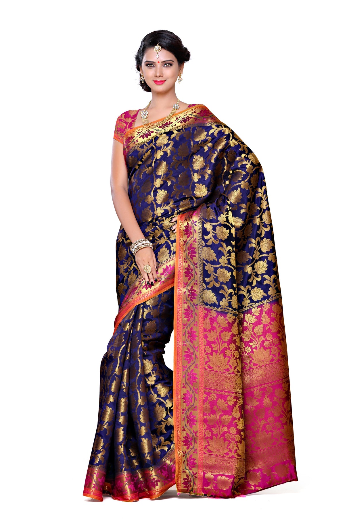 Mimosa Womens Art Silk Saree Kanjivaram Navy Blue Color
