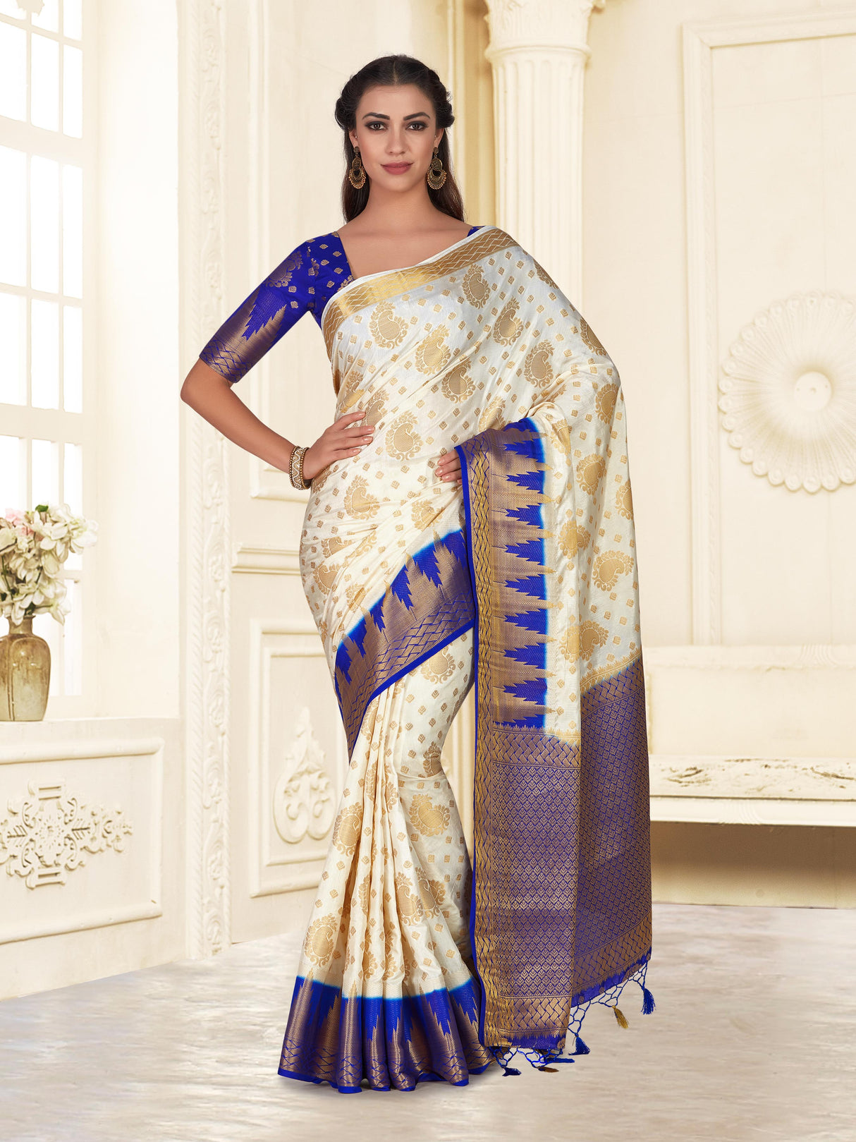 Mimosa Womens Art Silk Saree Kanjivaram Halfwhite Color