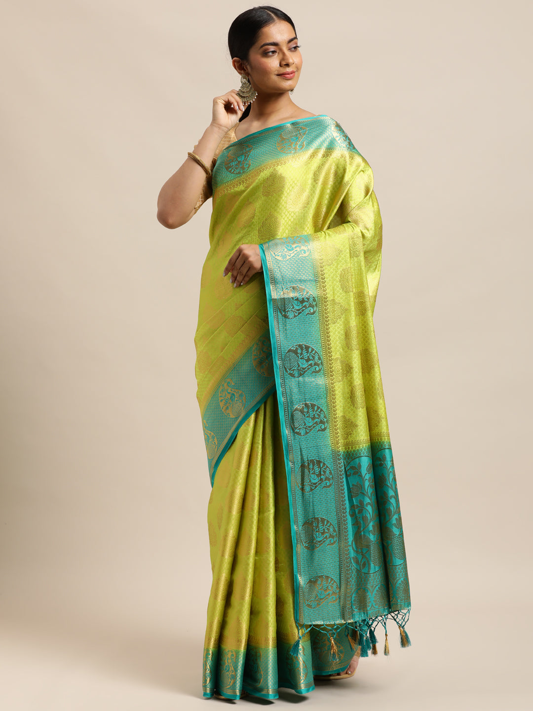 Mimosa Womens Art Silk Saree Kanjivaram Olive Color