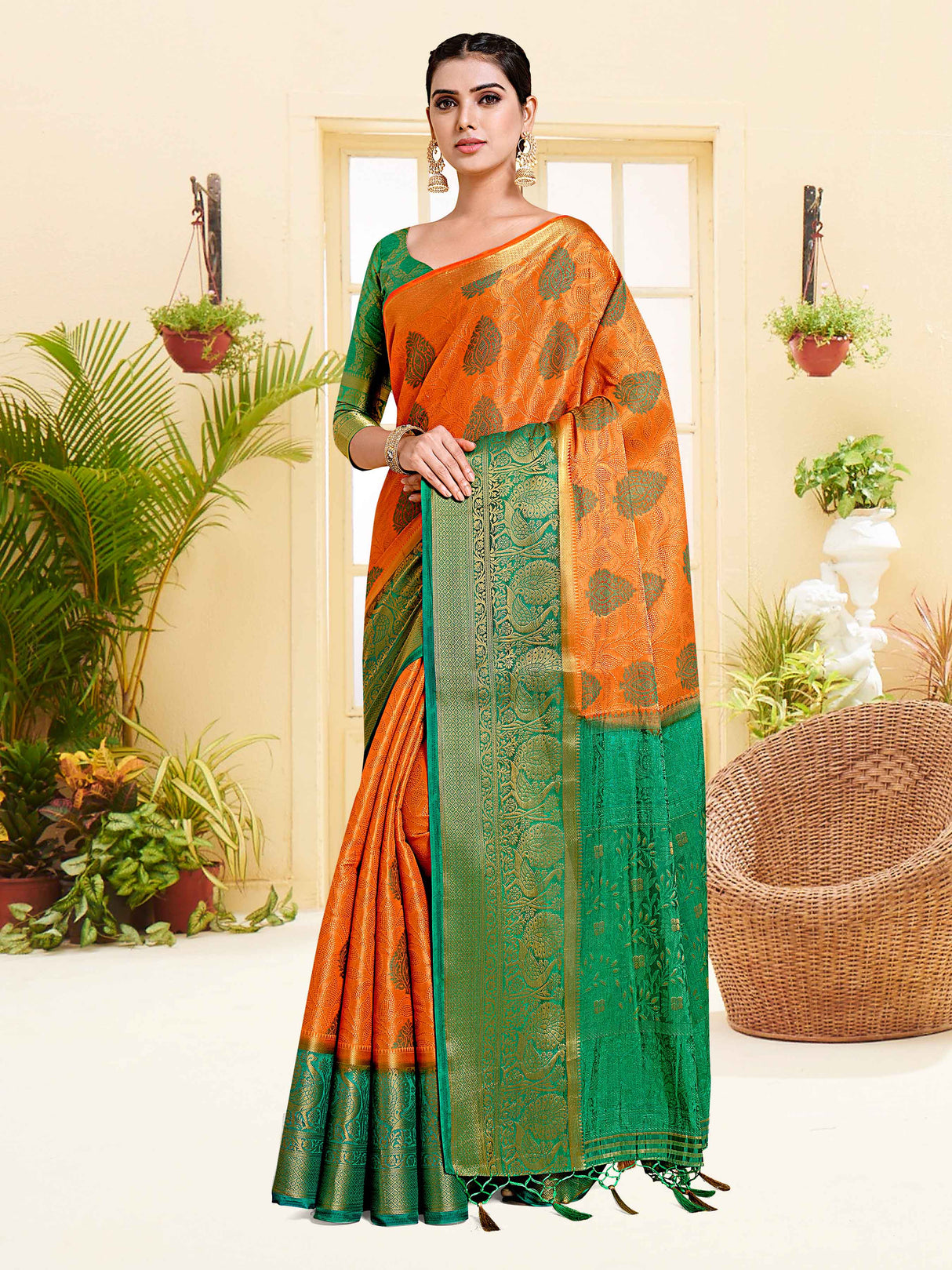 Mimosa Womens Art Silk Saree Kanjivaram Orange Color