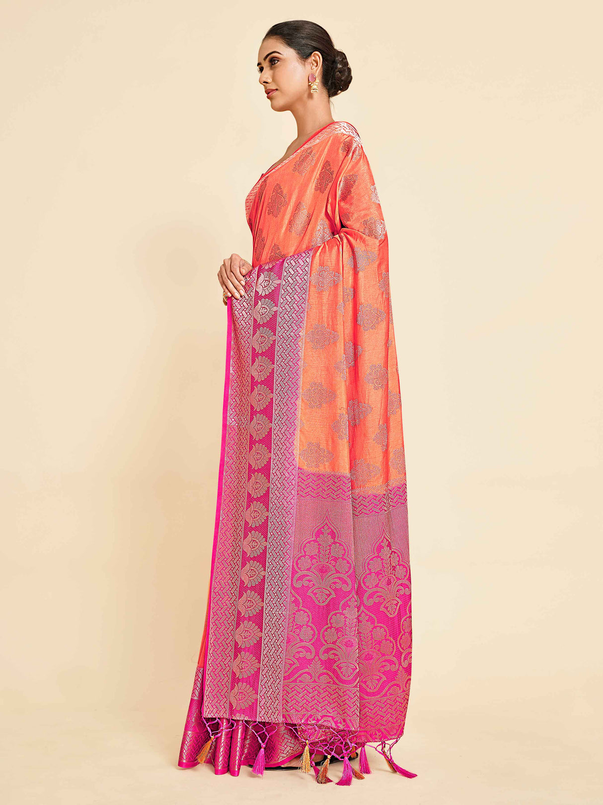 Mimosa Womens Art Silk Saree Kanjivaram Peach Color