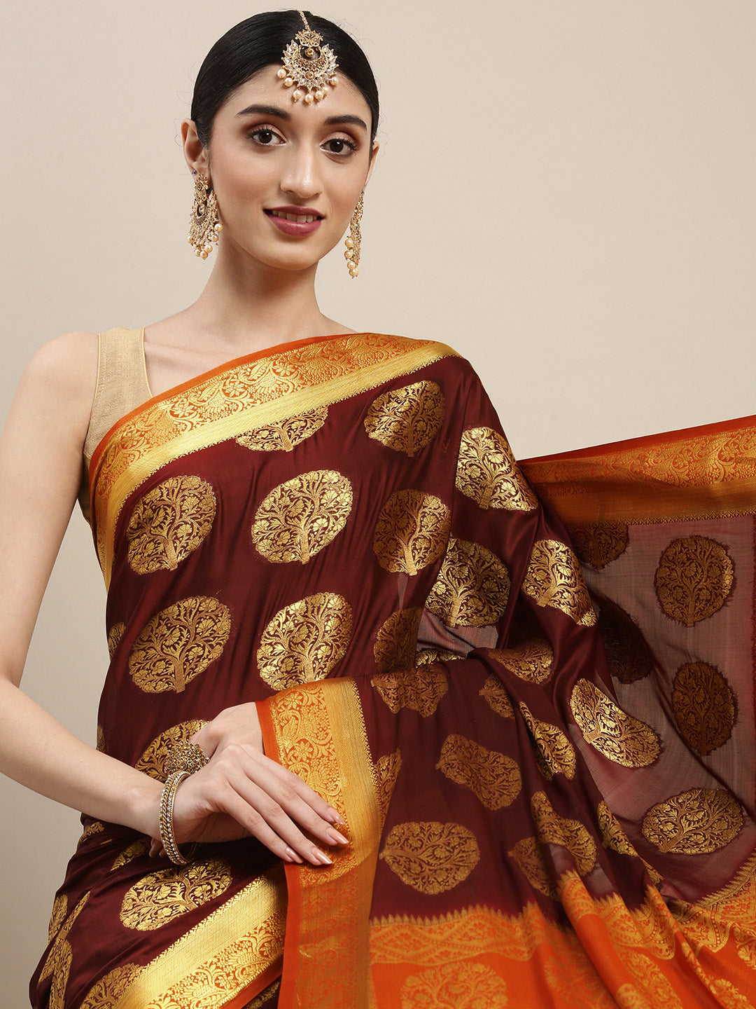 Mimosa Womens Crepe Saree Mysore Silk Chocolate Color