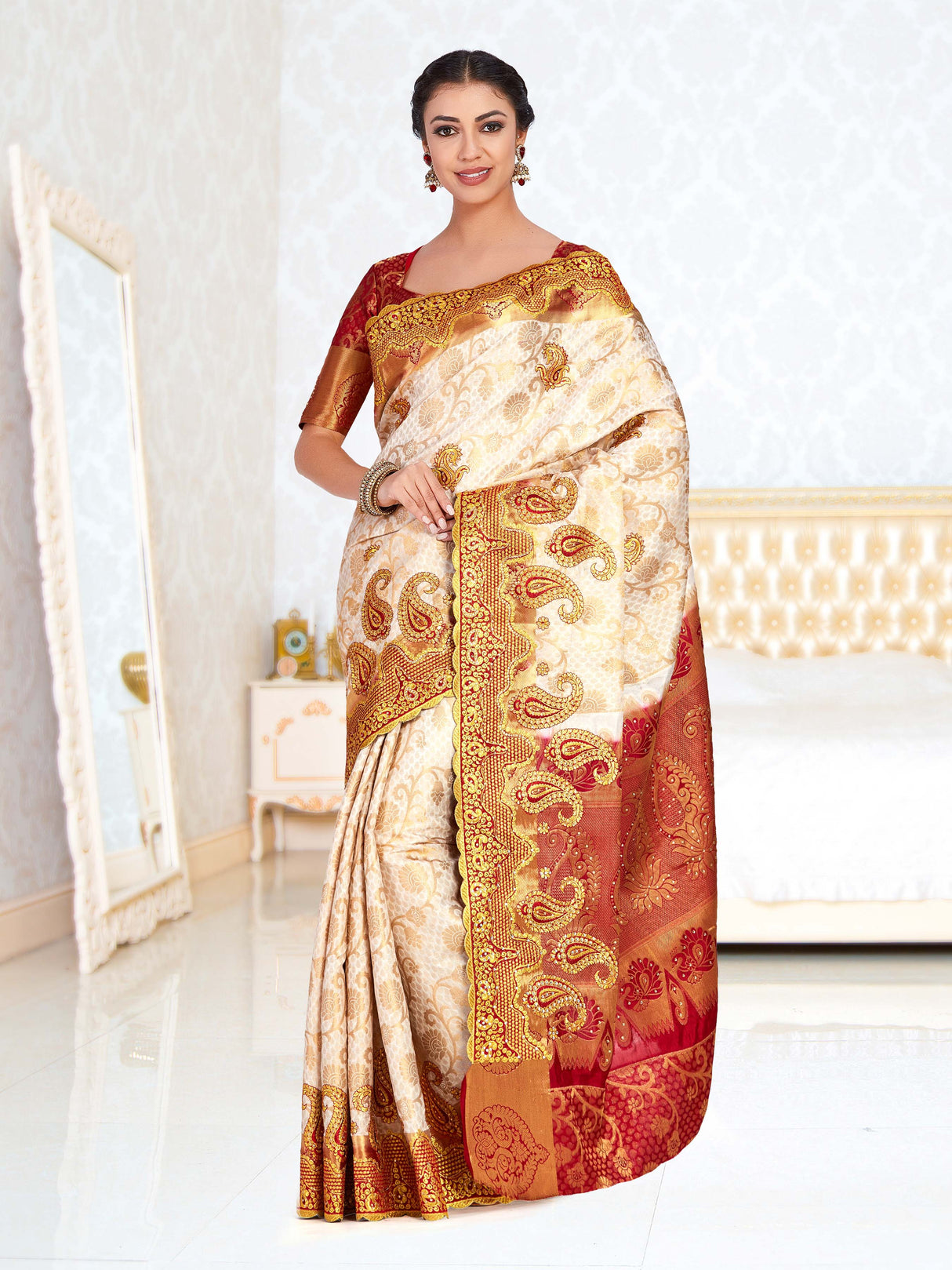 Mimosa Womens Art Silk Saree Kanjivaram Halfwhite Color