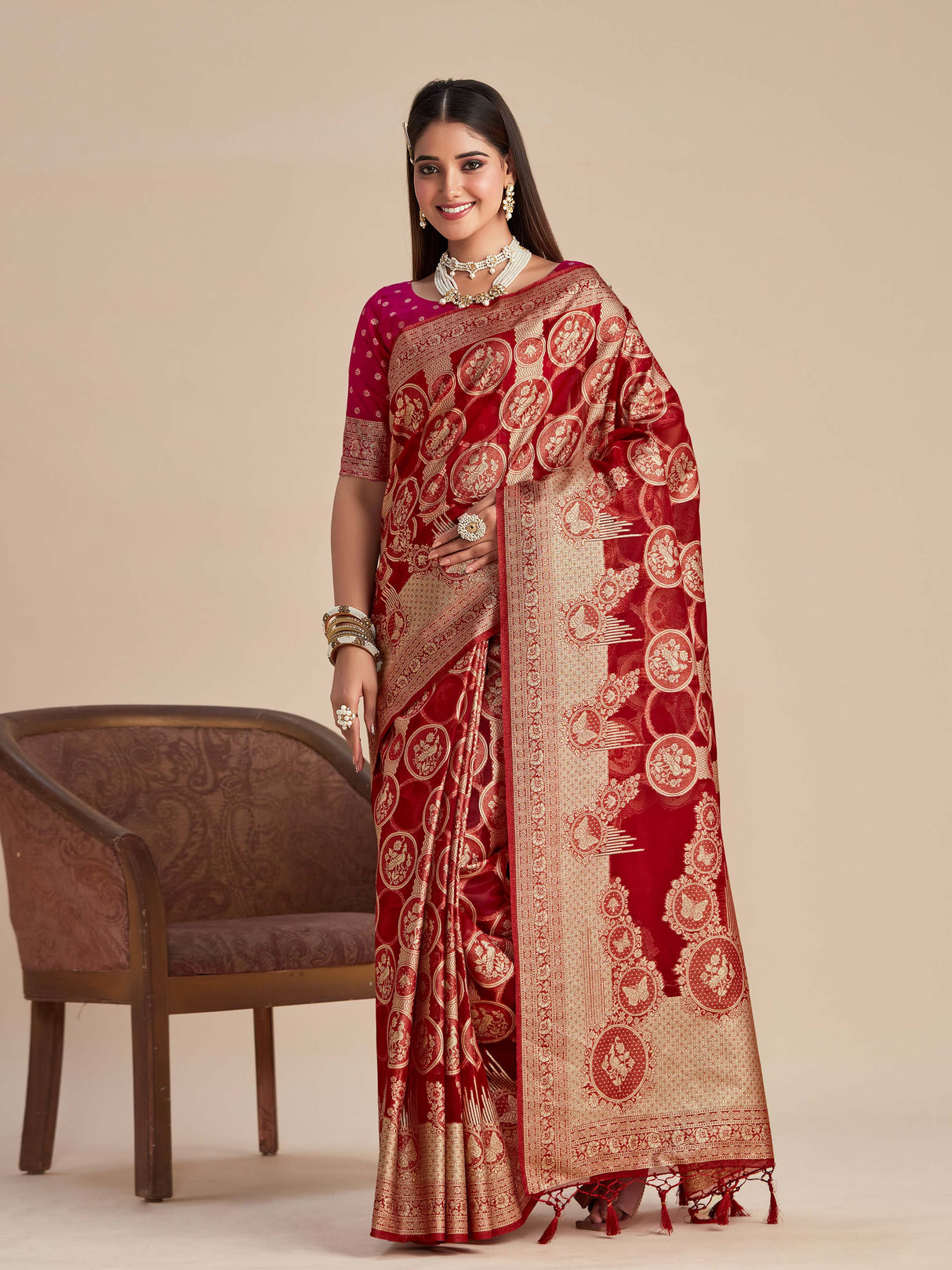 Mimosa Women's Woven Design Banarasi Organza Saree With Blouse Piece : SA00001160MR
