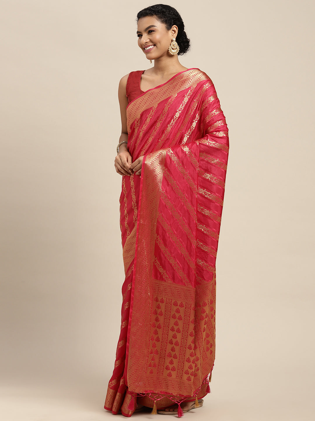 Mimosa Womens Art Silk Saree Kanjivaram Strawberry Color