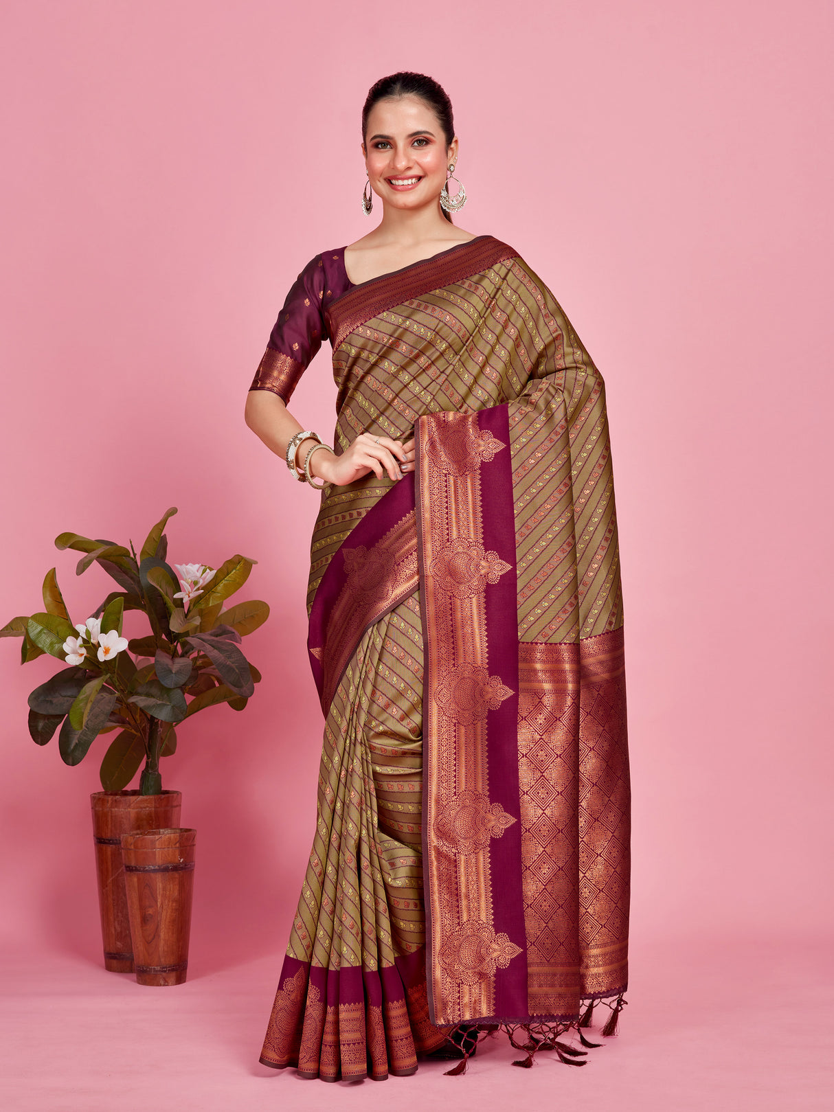 Mimosa Women's Woven Design Kanjivaram Style Art Silk Saree With Blouse Piece : SA00001252OLFREE
