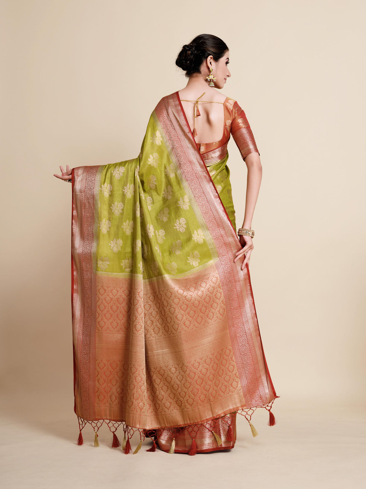 Mimosa Womens Art Silk Saree Kanjivaram Olive Color