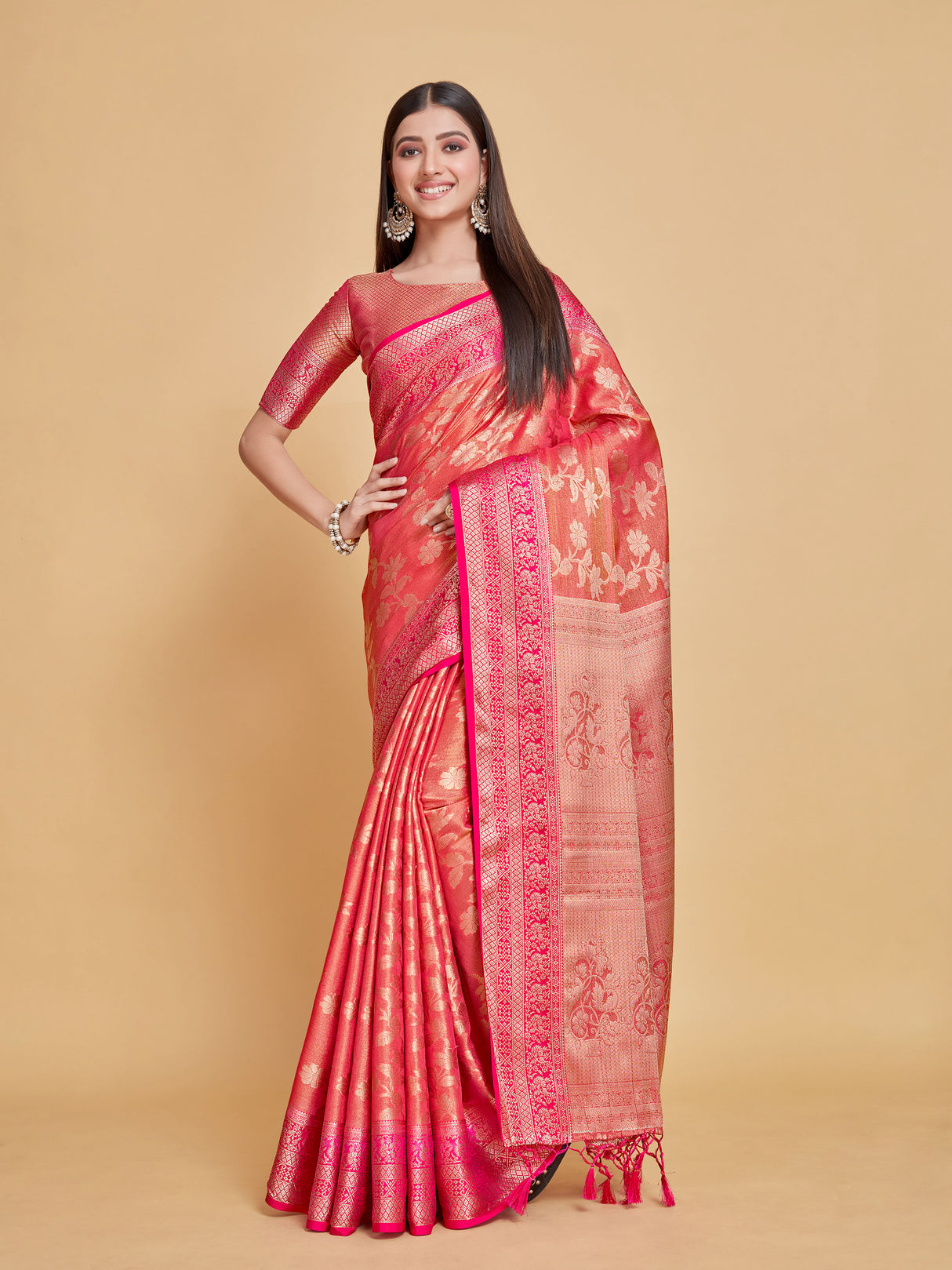 Mimosa Women's Woven Design Kanjivaram Style Art Silk Saree With Blouse Piece : SA0000374RNFREE