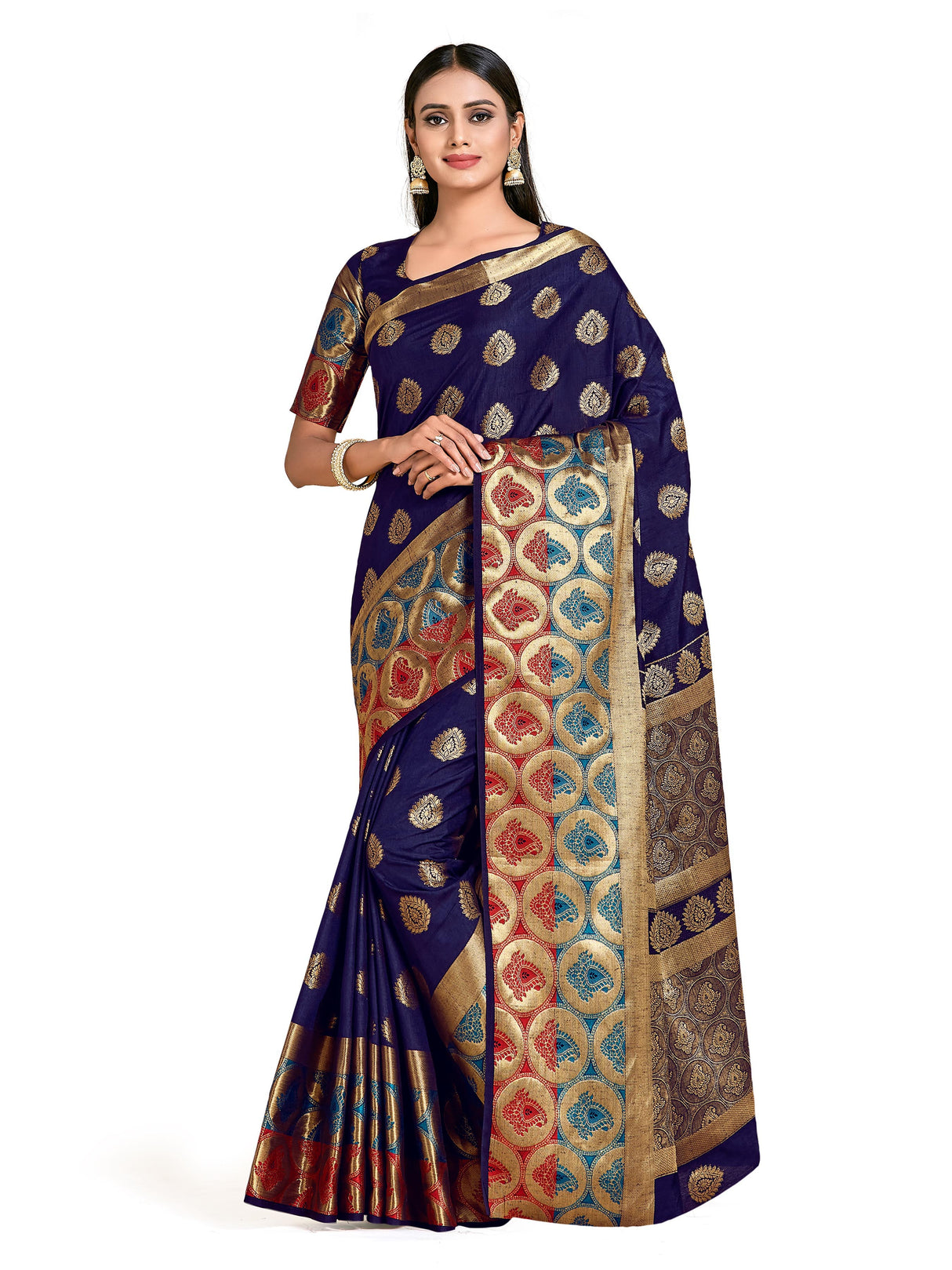 Mimosa Womens Art Silk Saree Kanjivaram Navy Blue Color