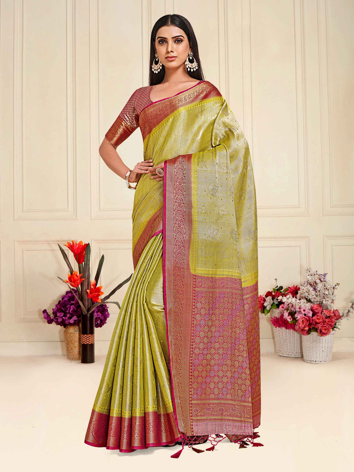 Mimosa Womens Art Silk Saree Kanjivaram Yellow Color