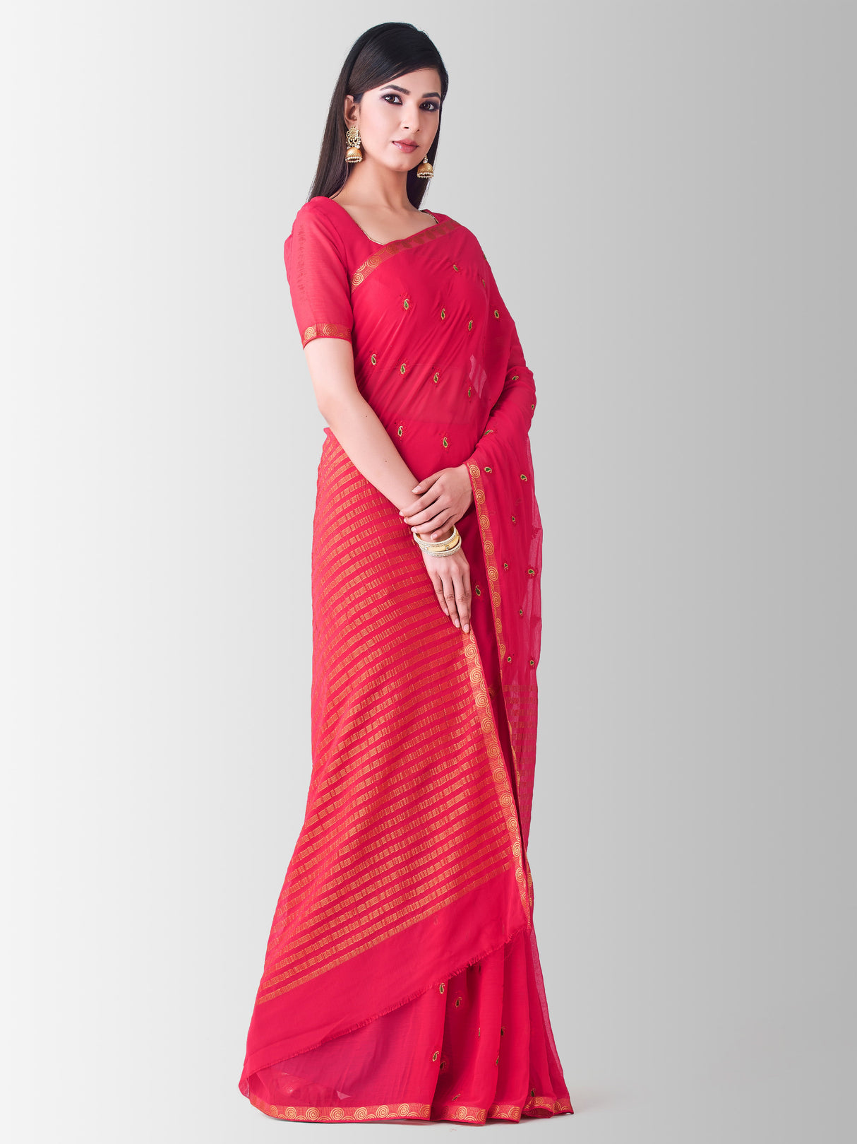 Mimosa Womens Chiffon Saree Banarasi Strawberry Color