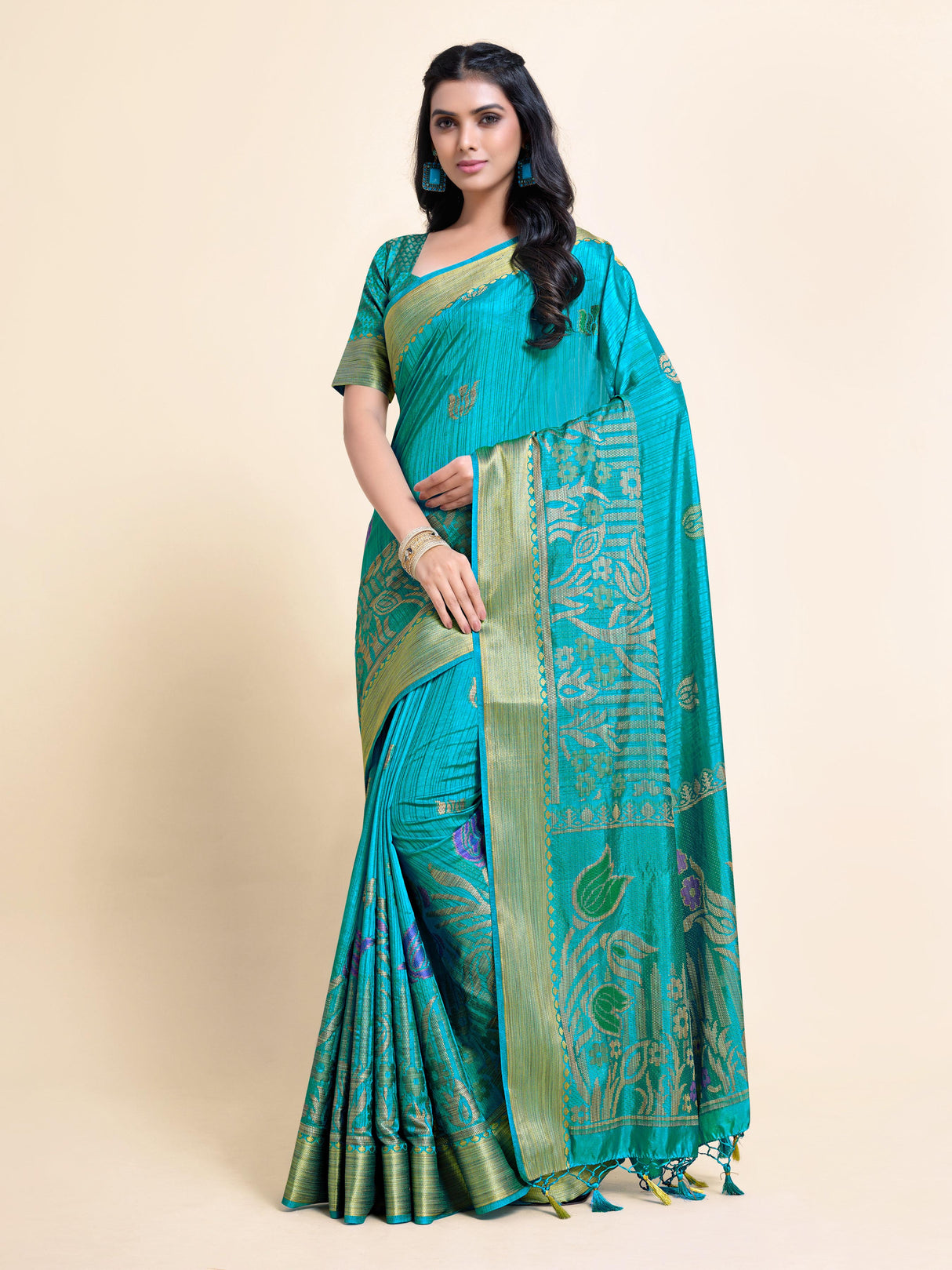 Mimosa Womens Art Silk Saree Kanjivaram style Saffire Color