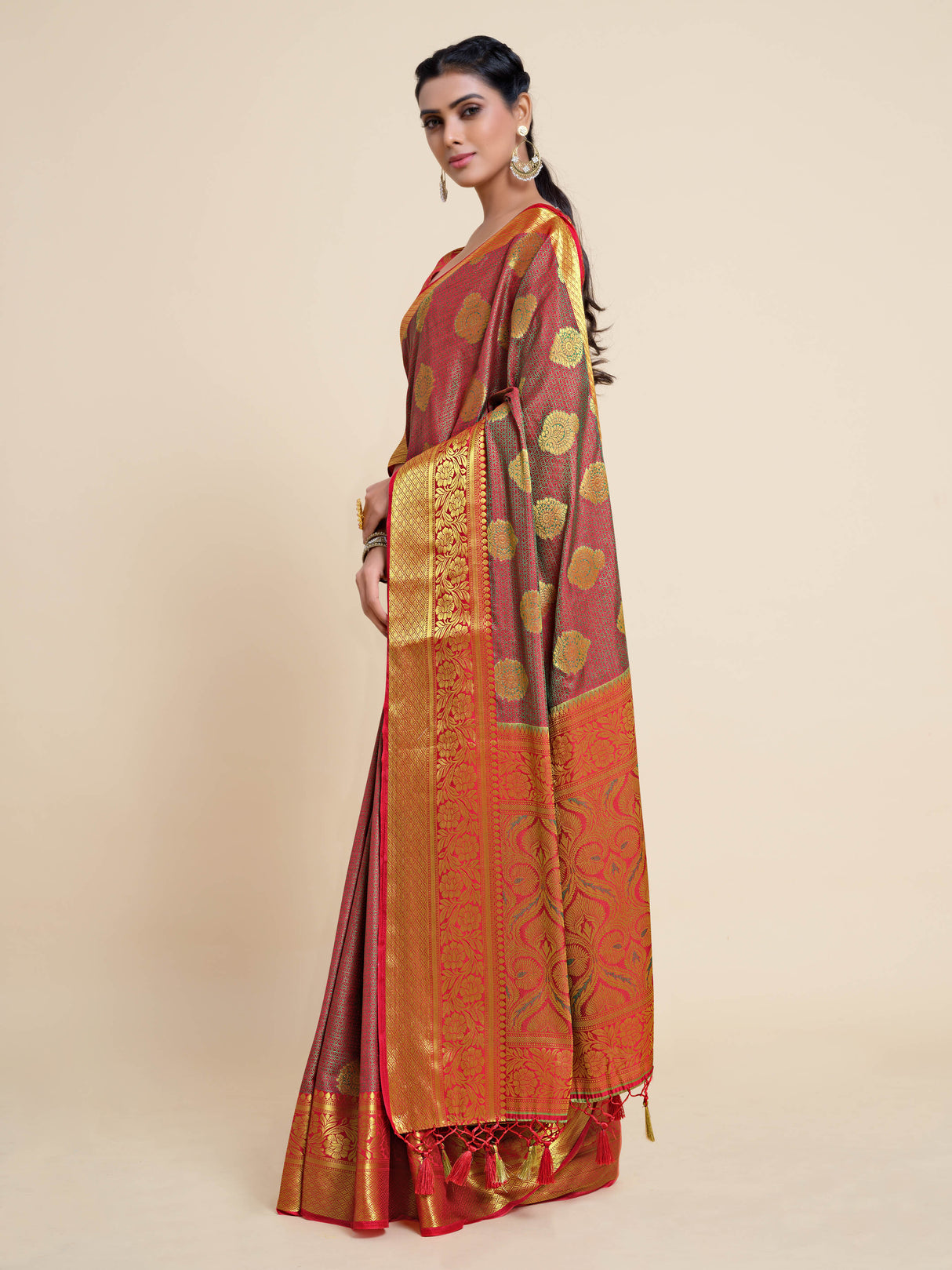 Mimosa Womens Art Silk Saree Kanjivaram Strawberry Color