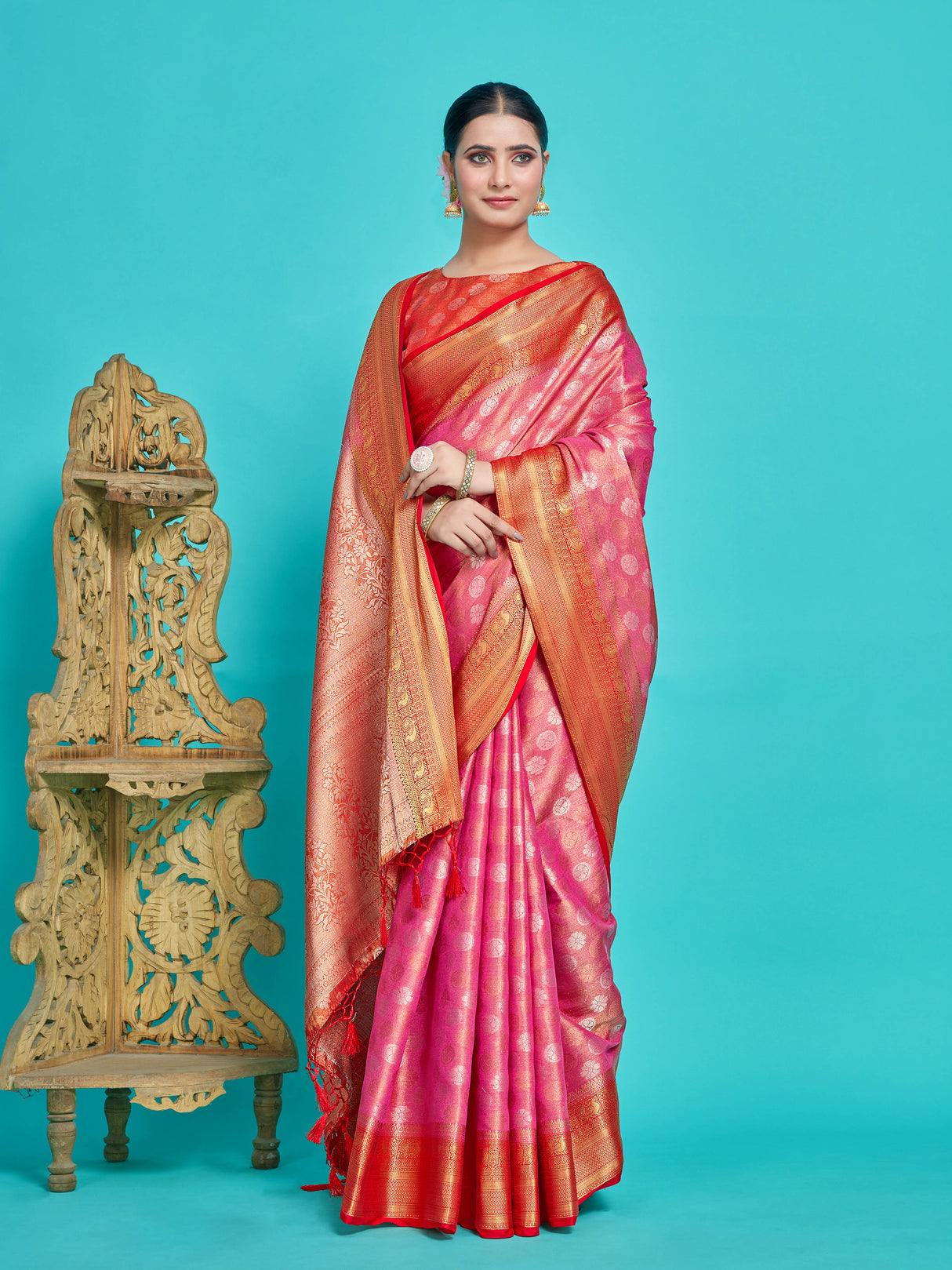 Mimosa Women's Woven Design Kanjivaram Style Art Silk Saree With Blouse Piece : SA0000410PNKFREE