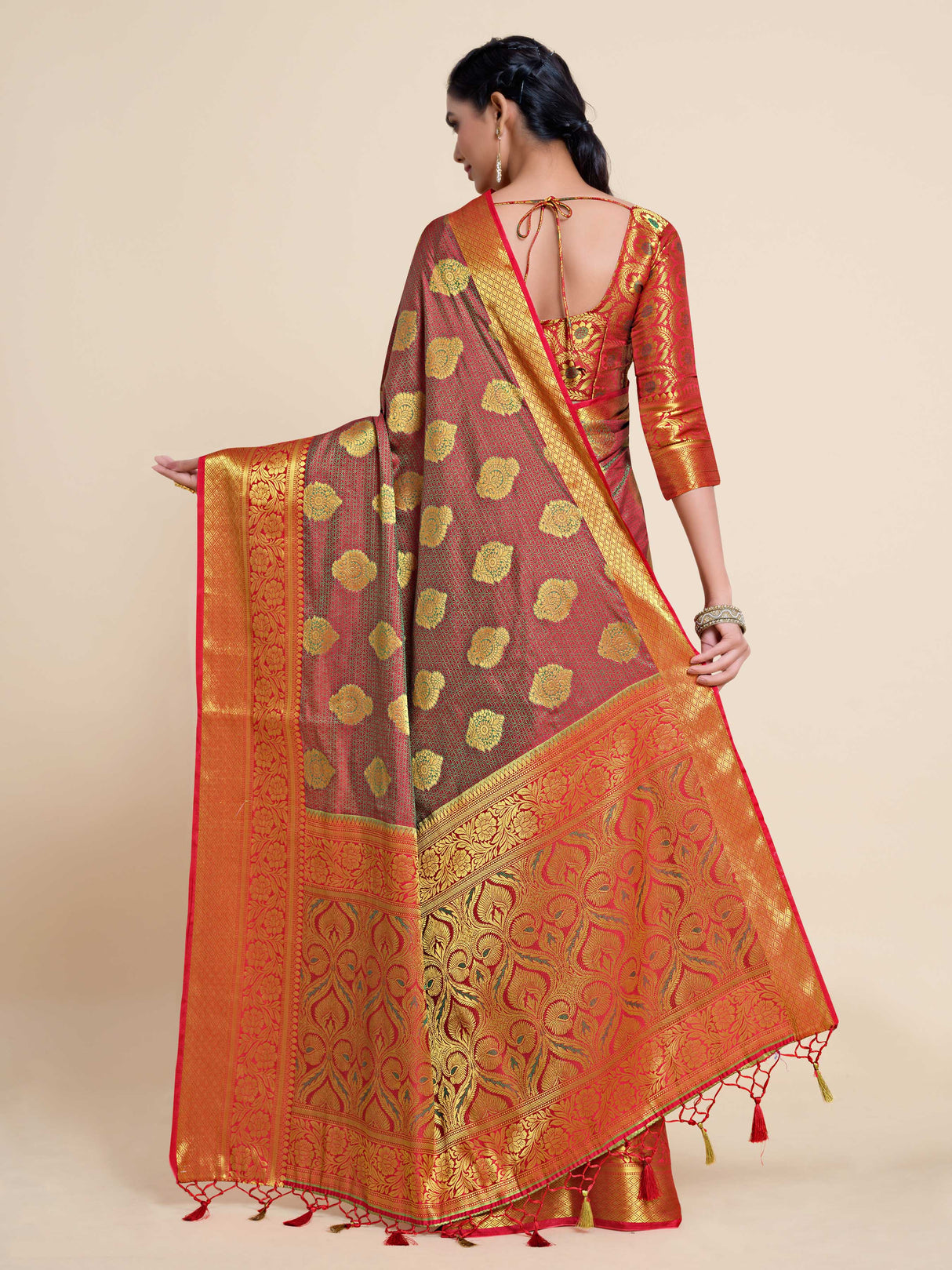 Mimosa Womens Art Silk Saree Kanjivaram Strawberry Color