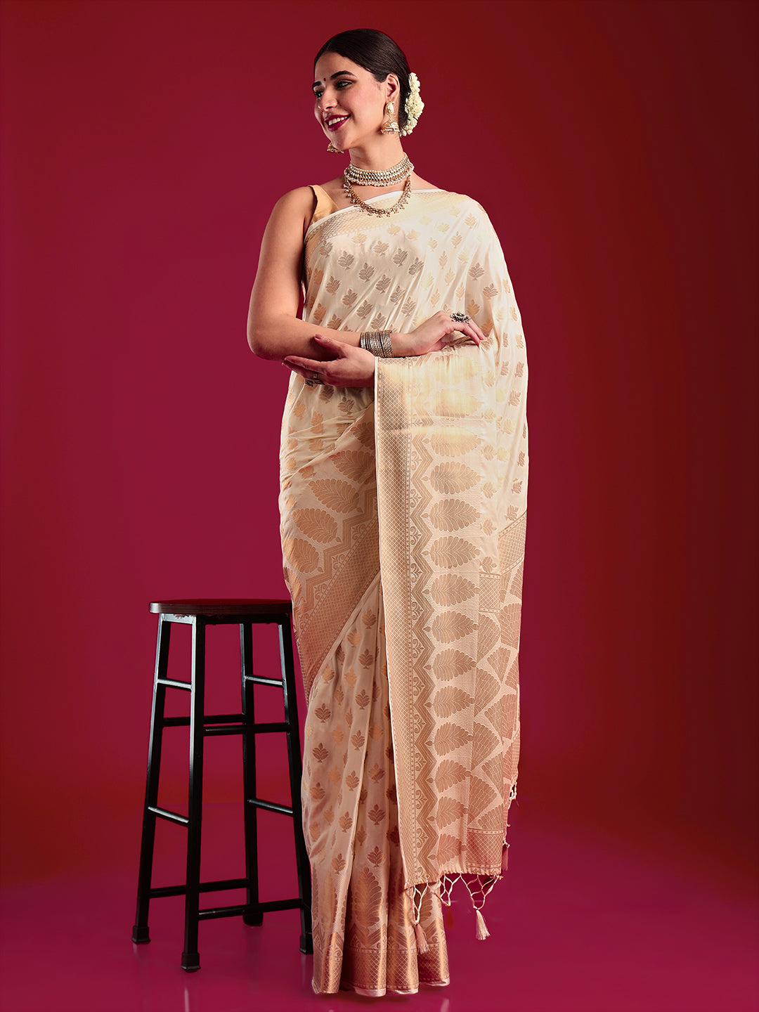 Mimosa Women's Woven Design Kasavu Crepe Saree With Blouse Piece : SA00001179CRFREE